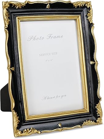 4x6 Picture Frame Black and Gold Vintage Frame, Ornate Textured Hand-Crafted Resin Photo Frame with Glass Front, 4x6 Black Antique Decorative Frames for Wall & Tabletop Home Decor