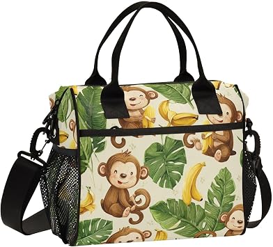 Cute Monkeys Bananas Leaves Lunch Bag Reusable Lunch Box for Office Picnic Hiking Beach, Insulated Cooler Tote Food Container with Adjustable Shoulder Strap for Men Women Adults