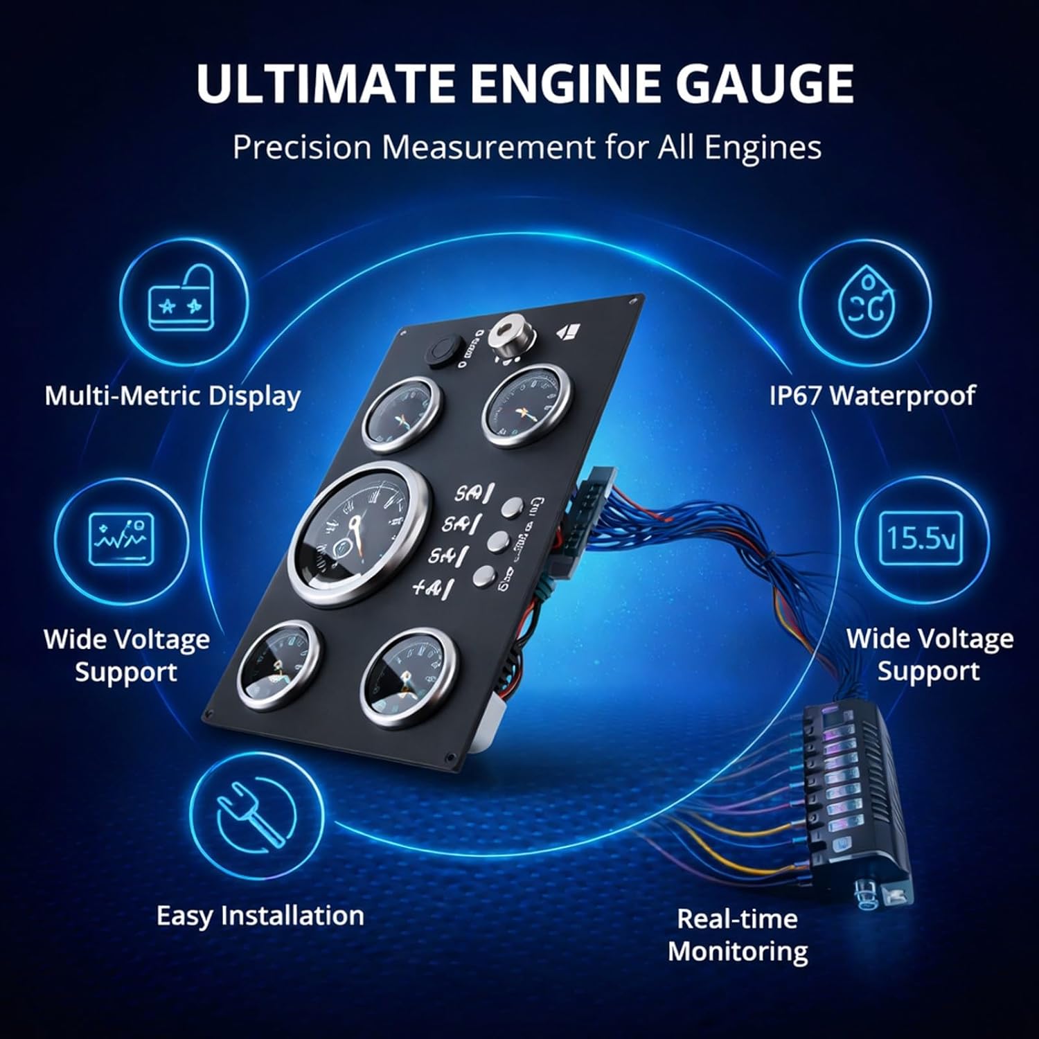 5in1 Digital Gauge Cluster, RPM Fuel Level Oil Pressure Water Temp Voltage Meter for RV Boat Yacht - IP67 Waterproof, Alarm Function, Durable Stainless Steel Design