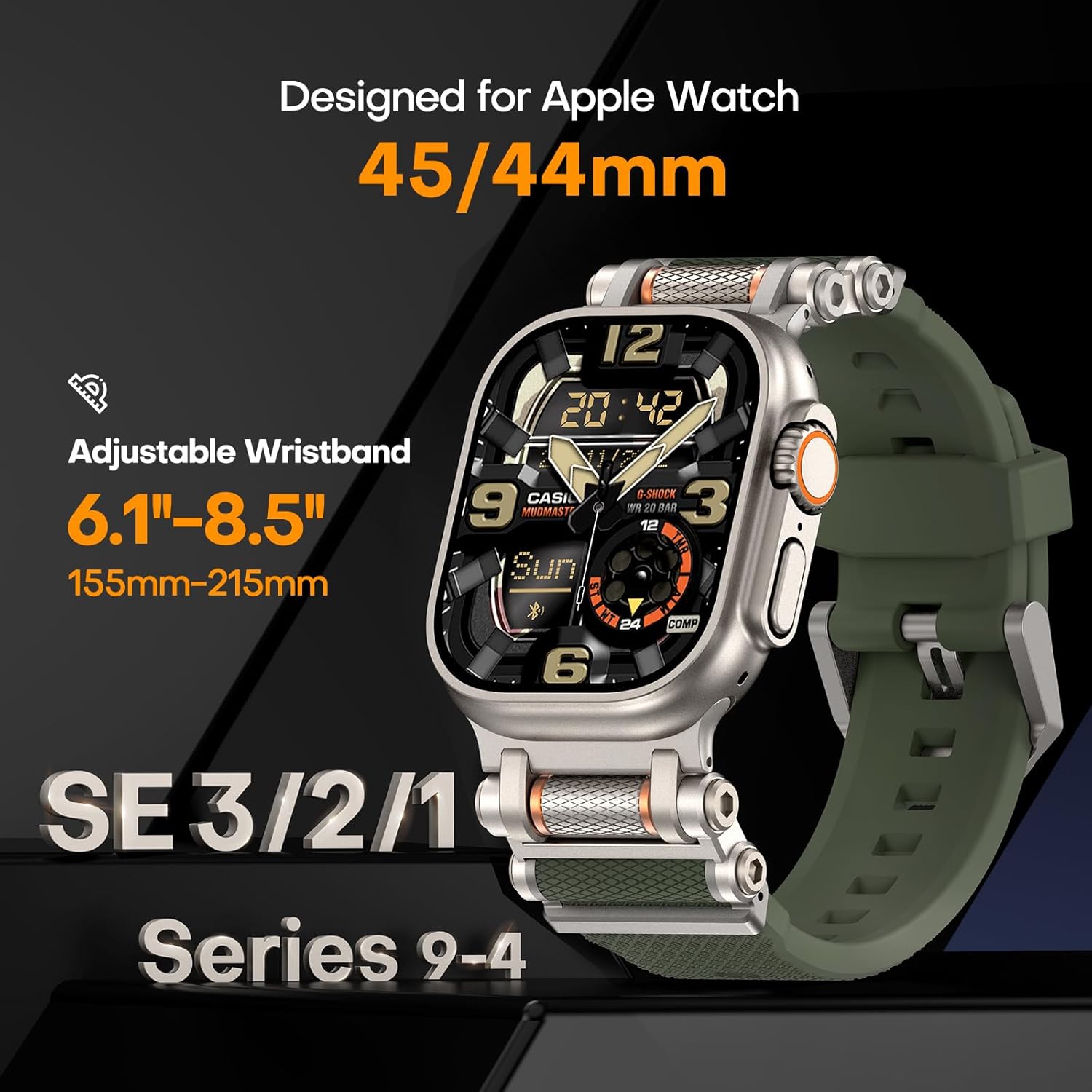 TAURI Silicone Band for Apple Watch Bands SE/Series 9/8/7/6/5/4 44/45mm [Stainless Steel Metal Connector + Liquid Silicone Strap] for iWatch 45mm/44mm Adjustable Band Men Women, Army Green