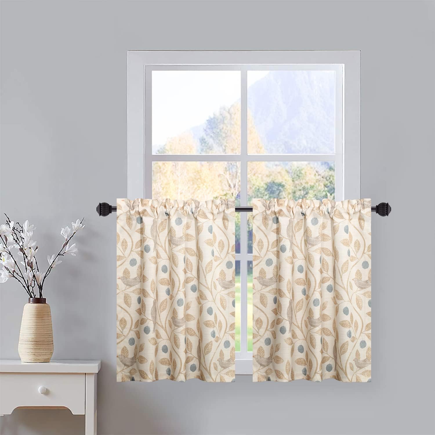 VOGOL Tie Up Kitchen Valances, 1 Piece 52x18 Inches Birds and Leaf Print Rod Pocket Valance, Bundle with 2 Panels 30x30 Inches Tiers for Small Window