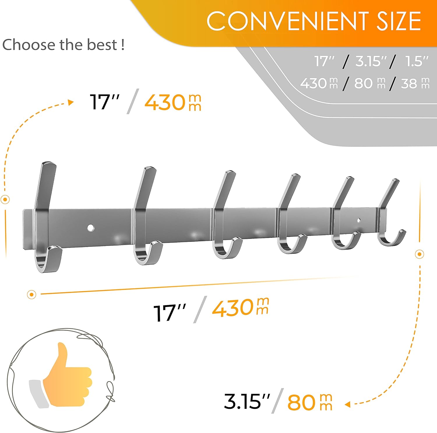 Coat Rack Wall Mount – Brushed Nickel 17 Inch Stainless Steel Hook Rail with 6 Heavy Duty Double Coat Hooks – Wall Mounted Coat Hanger for Entryway, Bathroom, Bedroom, Towel, Hat Organizer - Image 2