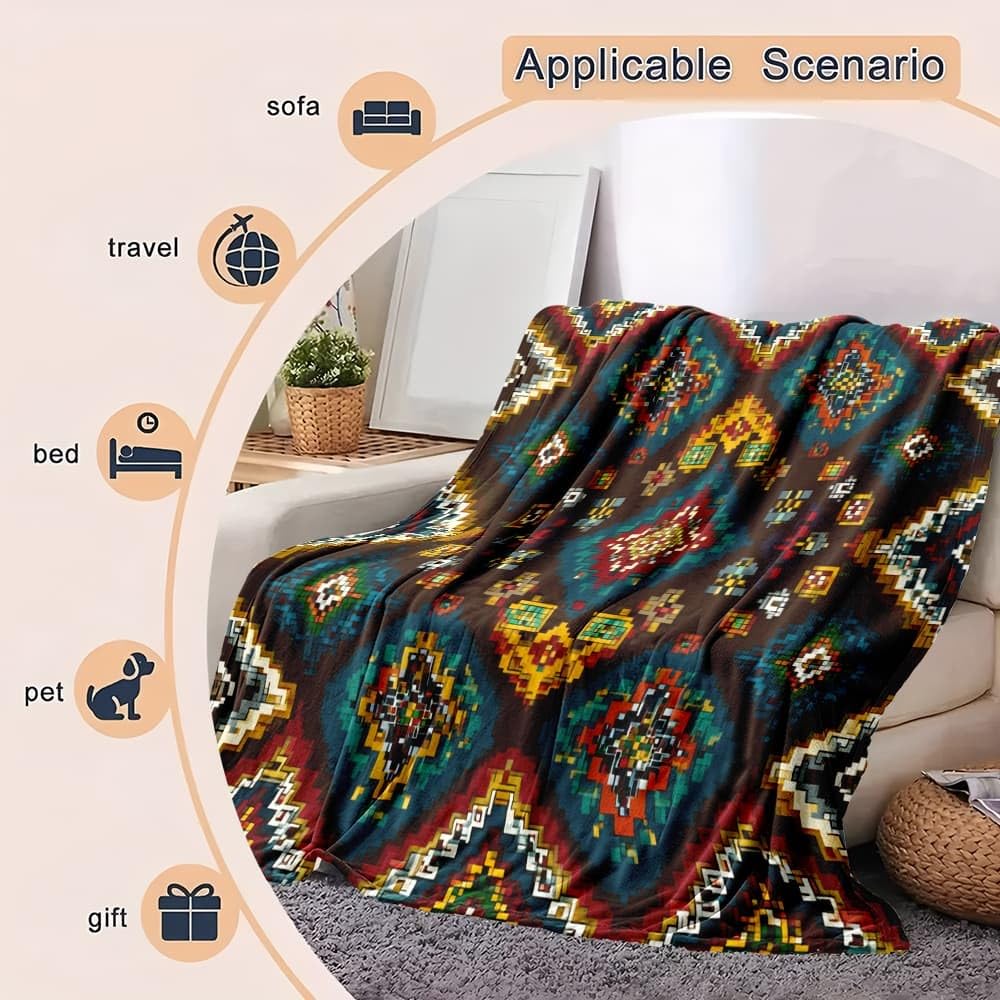 Coperta di lana leggera Antistatica XXL 180x200cm Motivo Geometrico Retrò Coperta in flanella Super Morbida Multicolore per letto Divano Ufficio Ginocchiera letto Auto Campeggio Spiaggia