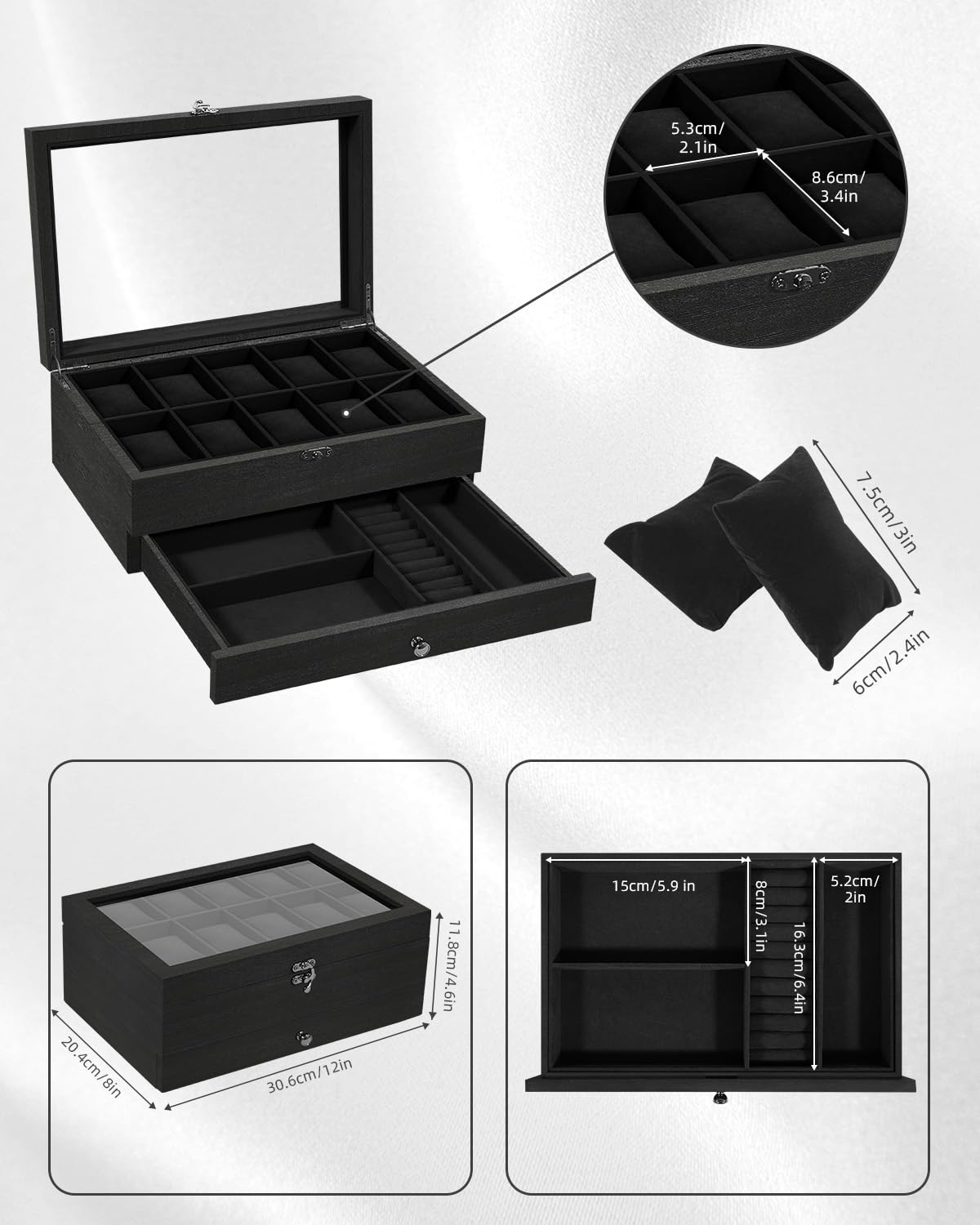 Uten Boîte à Montres 10 Compartiments, 2 Niveaux Coffret à Montres en Bois, Couvercle en Verre, Coffret de Rangement pour Montres, Coussinets Coton de Soie, Doublure Noire, Idée Cadeau