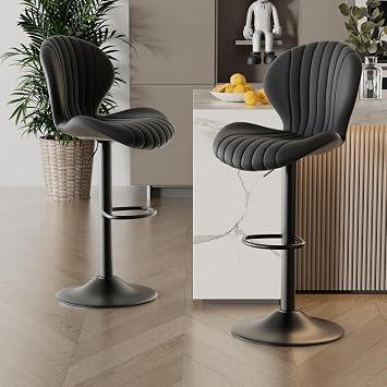 Bar Stools Set of 2, Modern Swivel Barstools, Adjustable Fabric Upholstered Counter Height Barstools with Back for Kitchen Island, Black
