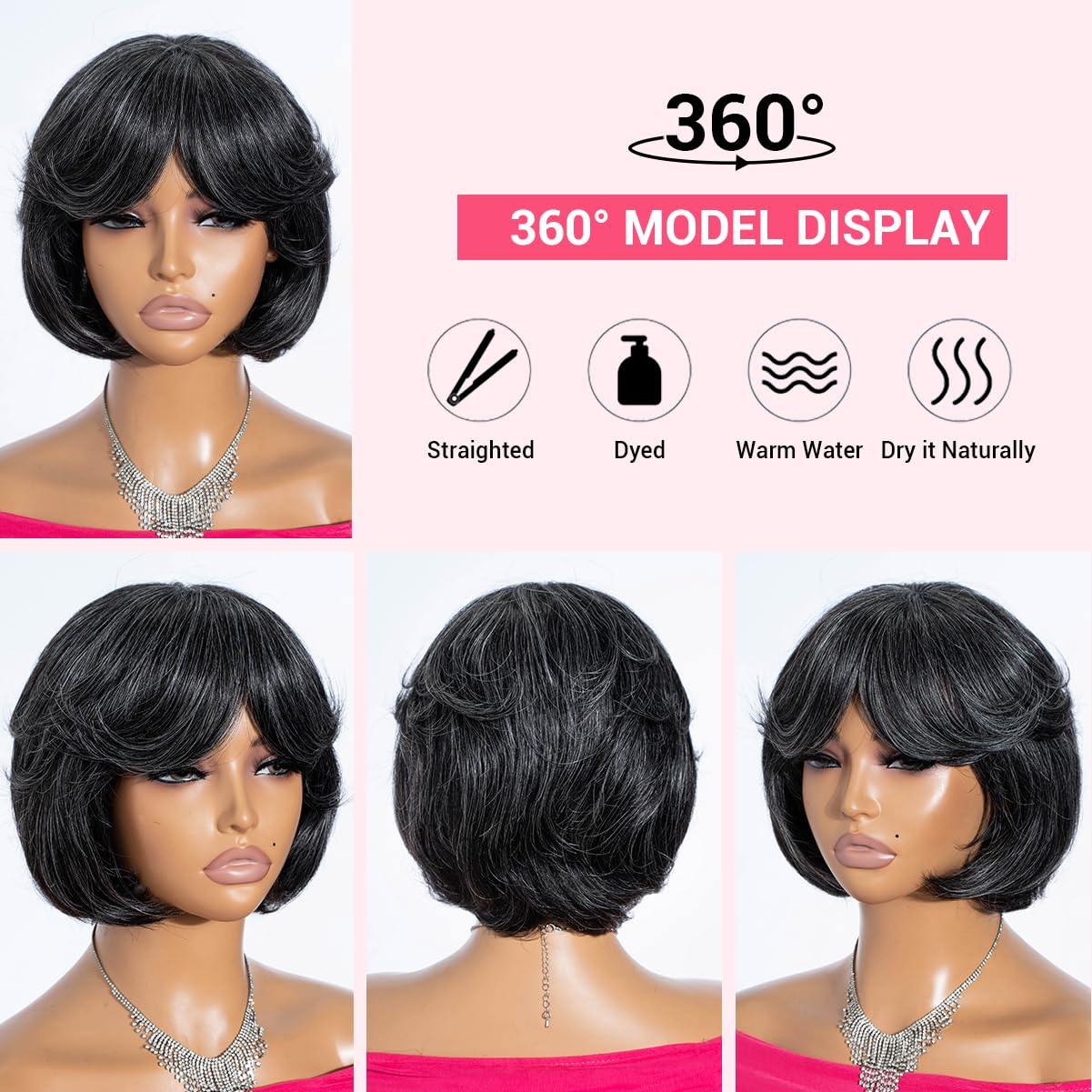 Rebecca Fashion Grey Short Bob with Bangs Human Hair Wig, 100% Brazilian Virgin Remy Hair, Glueless Straight Layered, 150% Density Wig for Black Women