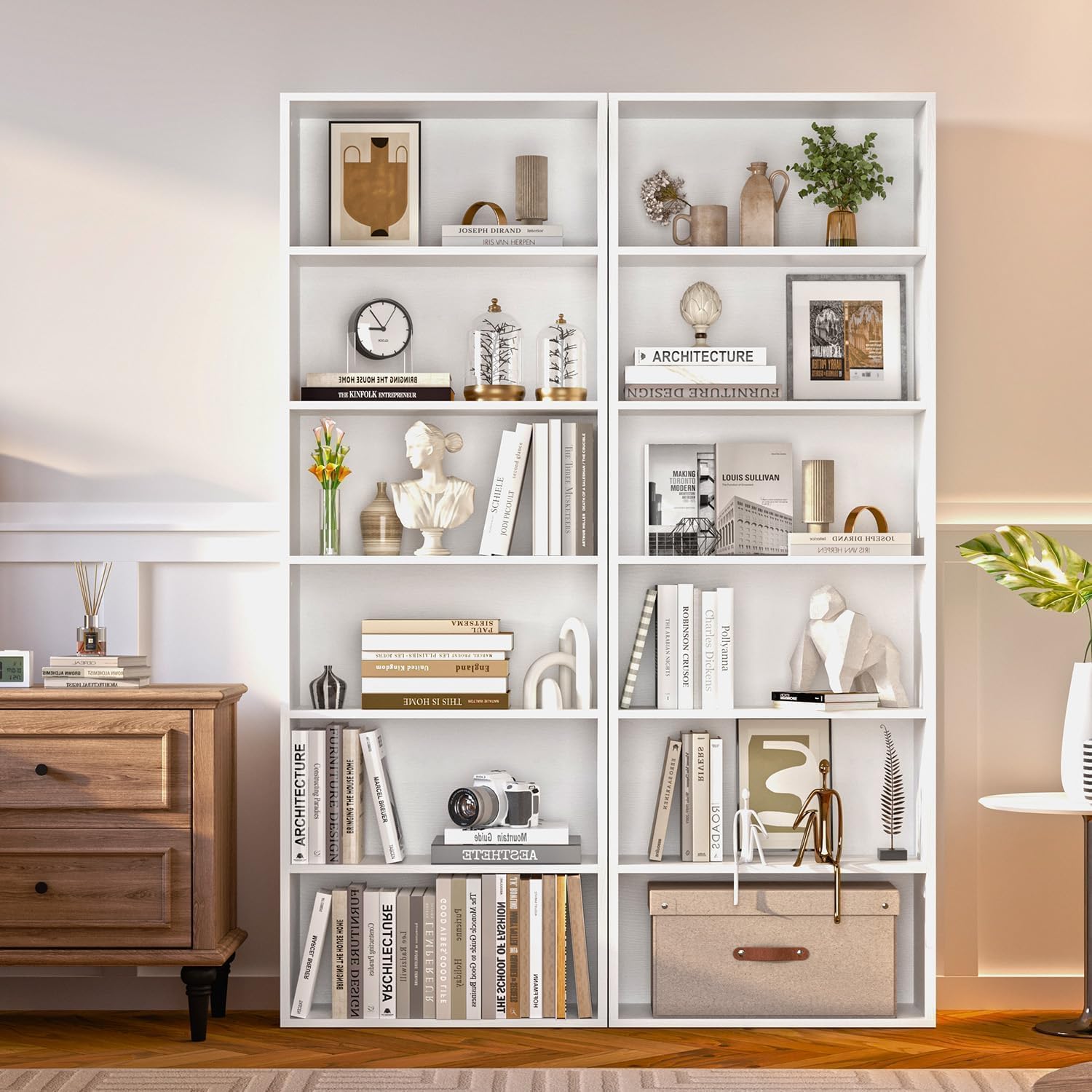 MXV Bookshelf Set of 2, 6 Tier Bookcase, Book Shelf Open Storage Organization, Floor Standing Display Bookshelves and Office Storage Stand for Living Room, Home Office, Dinning Room, White