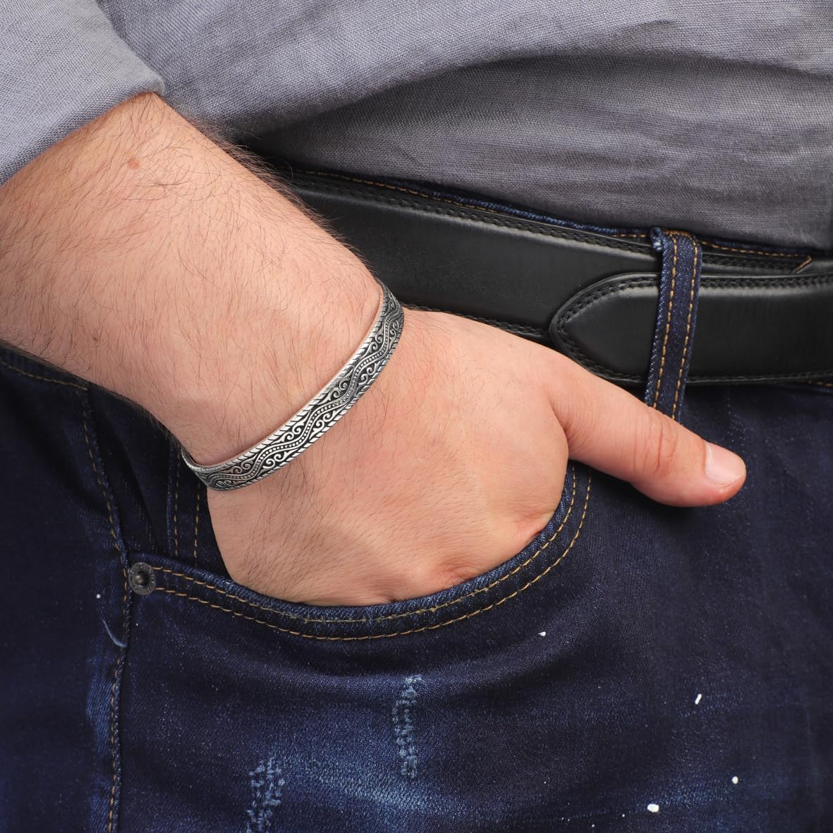 Hand-Engraved Thick Silver Band Bracelet for Men – Handmade Sterling Silver Cuff, Unisex Embroidered Vintage Band Bracelet with Gift Silver Polishing Cloth