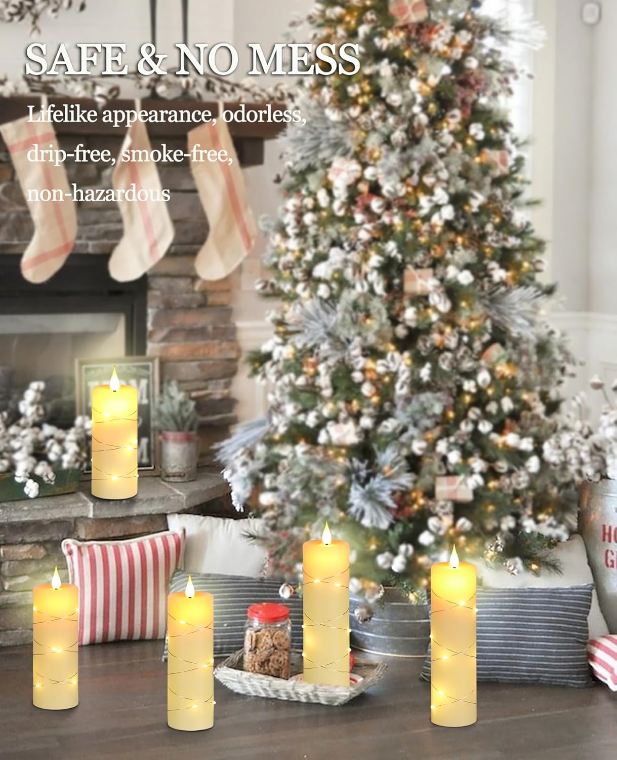 Da by Flickering Flameless Candles with String Lights, Battery Operated Candles with Remote and Timer, LED Pillar Candle Real Wax,5 Pack-Ivory White
