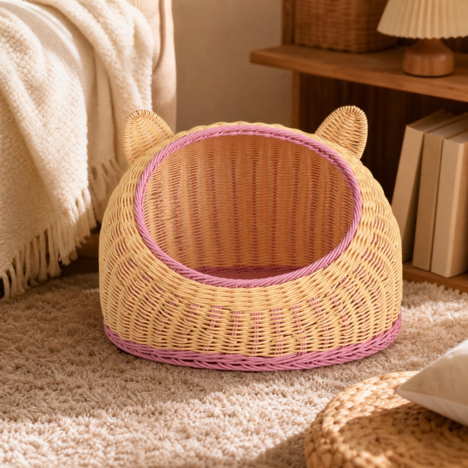 Tejido para con Entrada Frontal y Laterales Elevadas Cesta Mimbre PP con Diseño Cuna Abierta para Ventilación Refugio Mascota con talles Orejas Acuado, Marrón, L