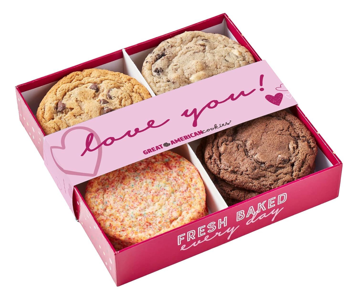Great American Cookies "Love you" Cookie Box Assortment 12 Freshly Baked, Gourmet