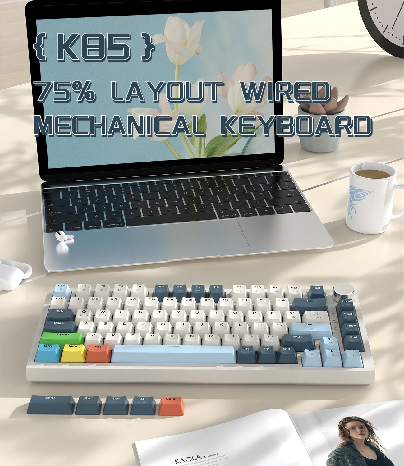 LexonElec x Attack Shark K85 Teclado Mecánico con Interruptor Magnético, Rapid Trigger, Cloud Driver, DKS/MT/TGL, RGB LIGHTSYNC, QWERTY Teclado Gaming Gasket 75% con Knob & Cable USB C Espiral-Azul