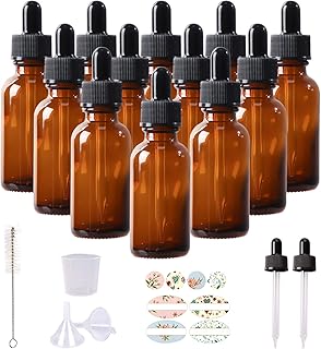 HWASHIN 12 Pack 1oz Amber Glass Bottles with Glass Eye Droppers for Essential Oils, Perfumes & Lab Chemicals (1 Brush, 2 Funnels, 2 Extra Droppers, 24 Pieces Labels & 30ml Measuring Cup Included)