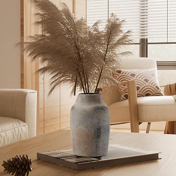 PORCER Ceramic Rustic Farmhouse Flower Vase, 7.2 Inch Boho Terracotta Vase for Home Decor, Living Room, Table, Shelf, Mantel Decoration, Farmhouse, Gray