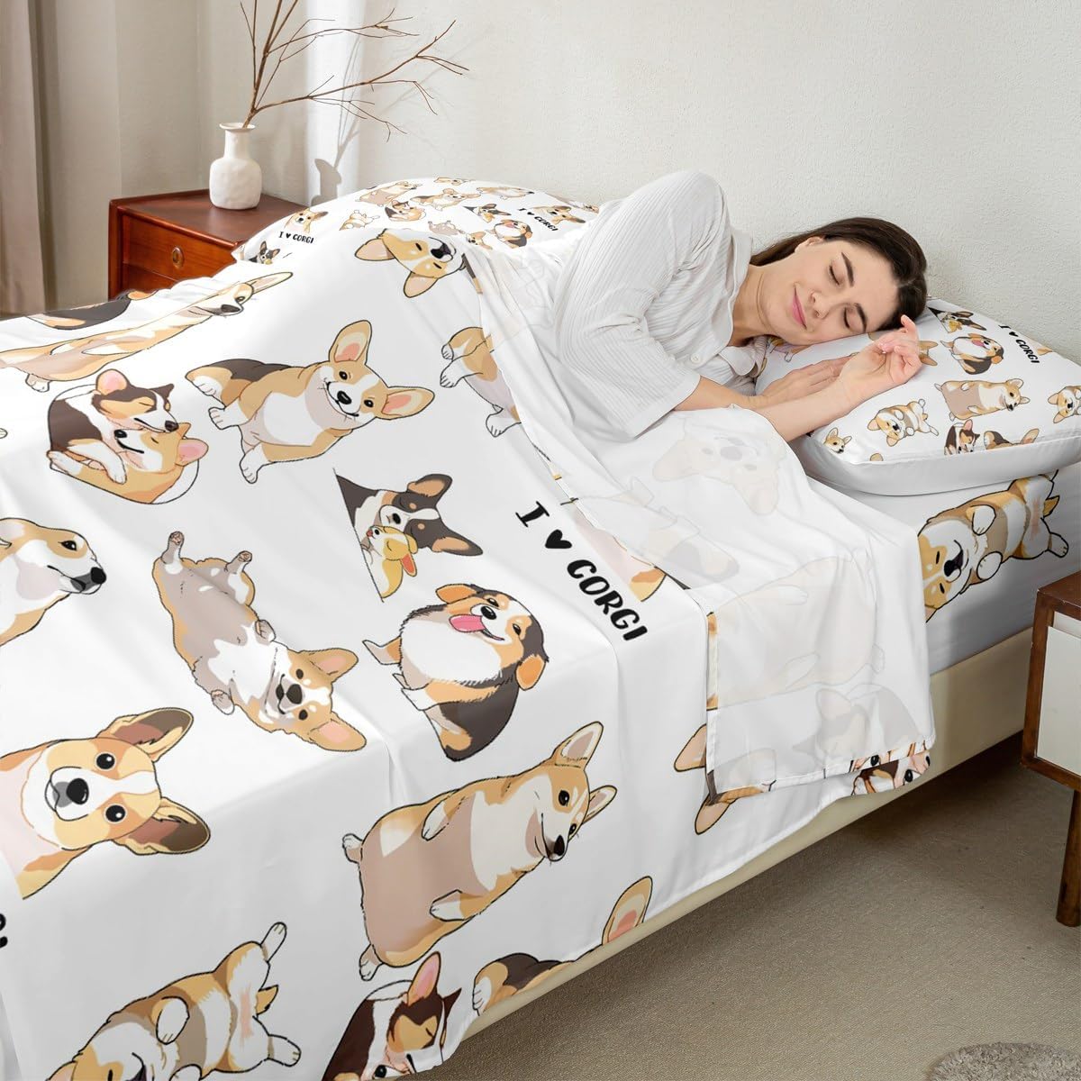 Manfei Cute Corgis Kids Sheet Full Size,Lovely Dogs Pets Cartoon Bedding Set,Girls Boys Adults Bedroom Decor,Toddlers Kawaii Animals White Yellow Bed Sheet Set 4pcs(Fitted + Flat + 2 Pillowcases)