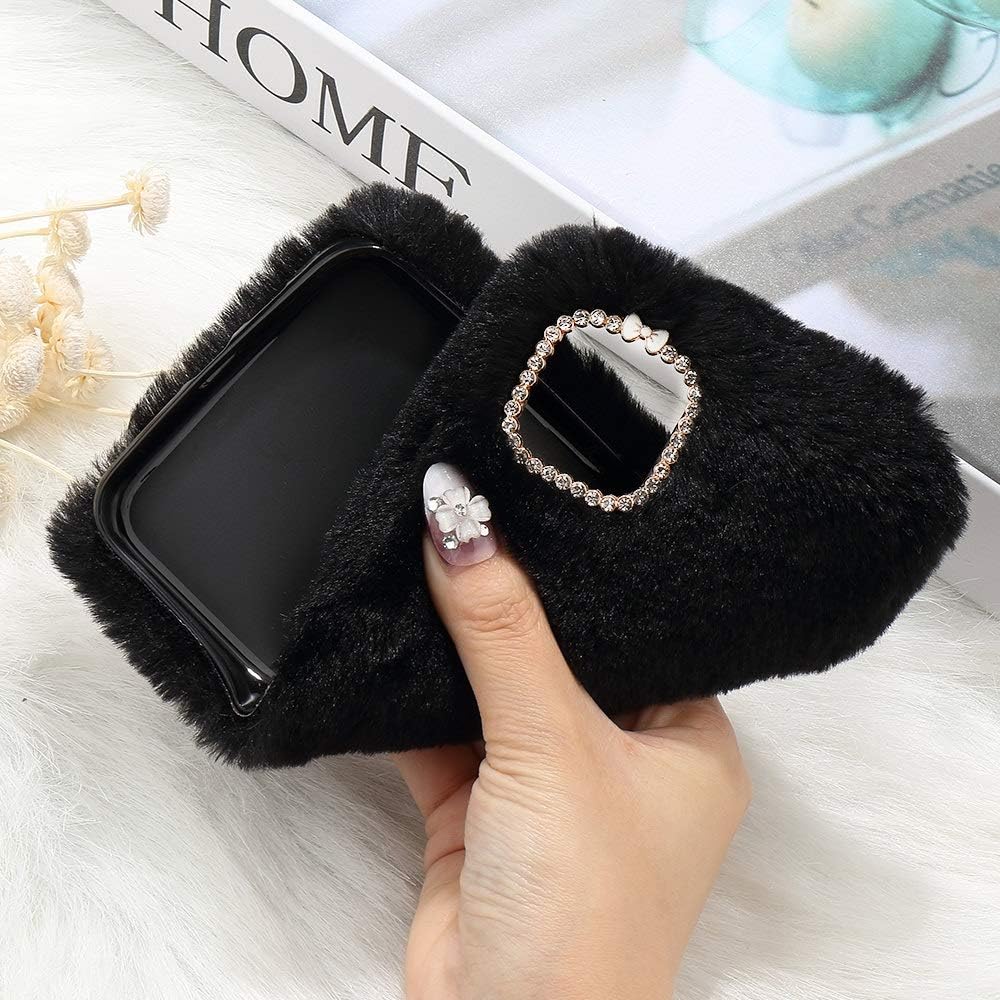 LLZ.COQUE for iPhone 11 Case Cute Case Girls Furry Faux Fur Case Flexible Silicon Soft Fluffy Shockproof Bumper Cover with Chic Bling Crystal Diamond Bowknot Case for iPhone 11, Black