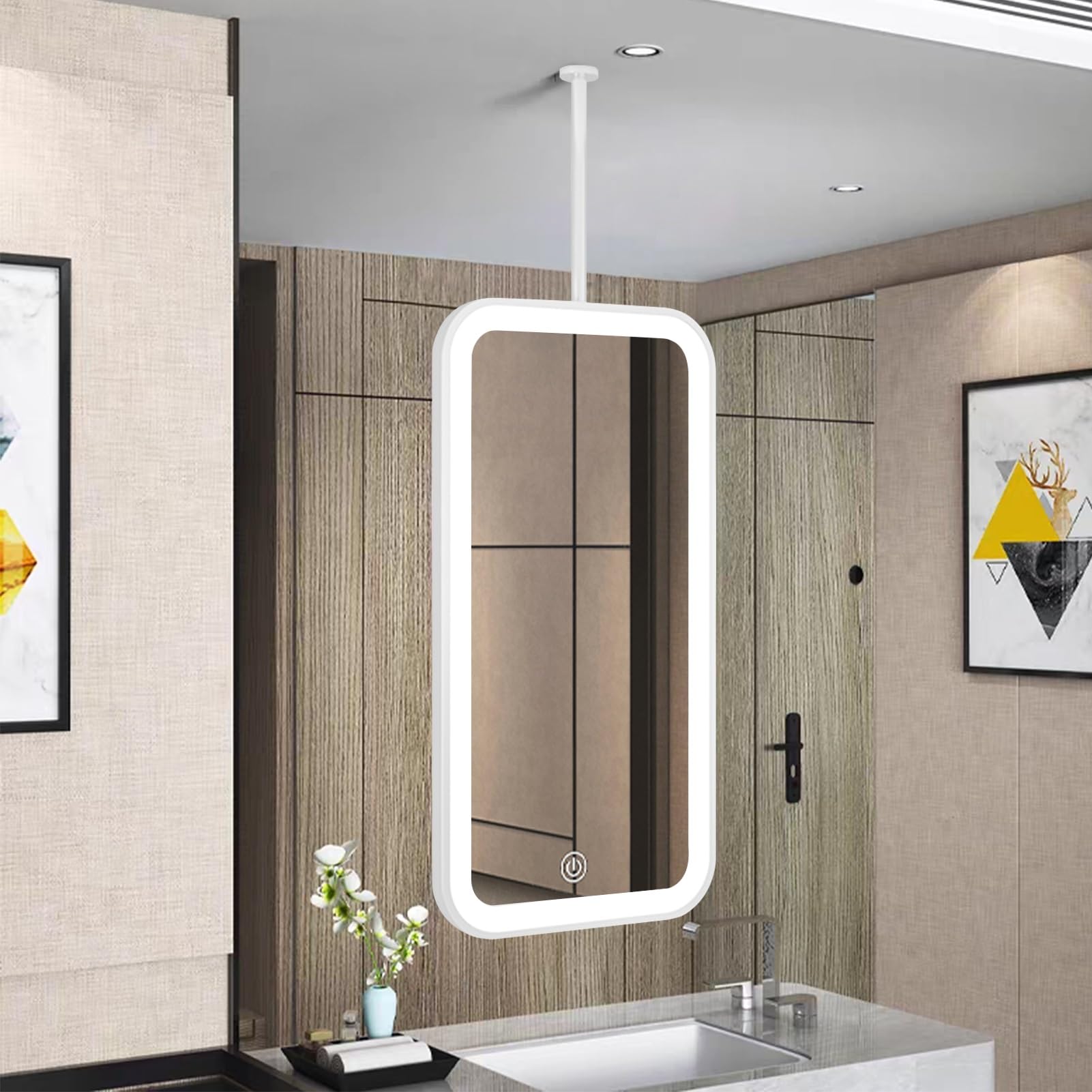 FGXHHS Ceiling Hanging Mirror with LED Light, Dimmable for Bathroom Makeup Vanity