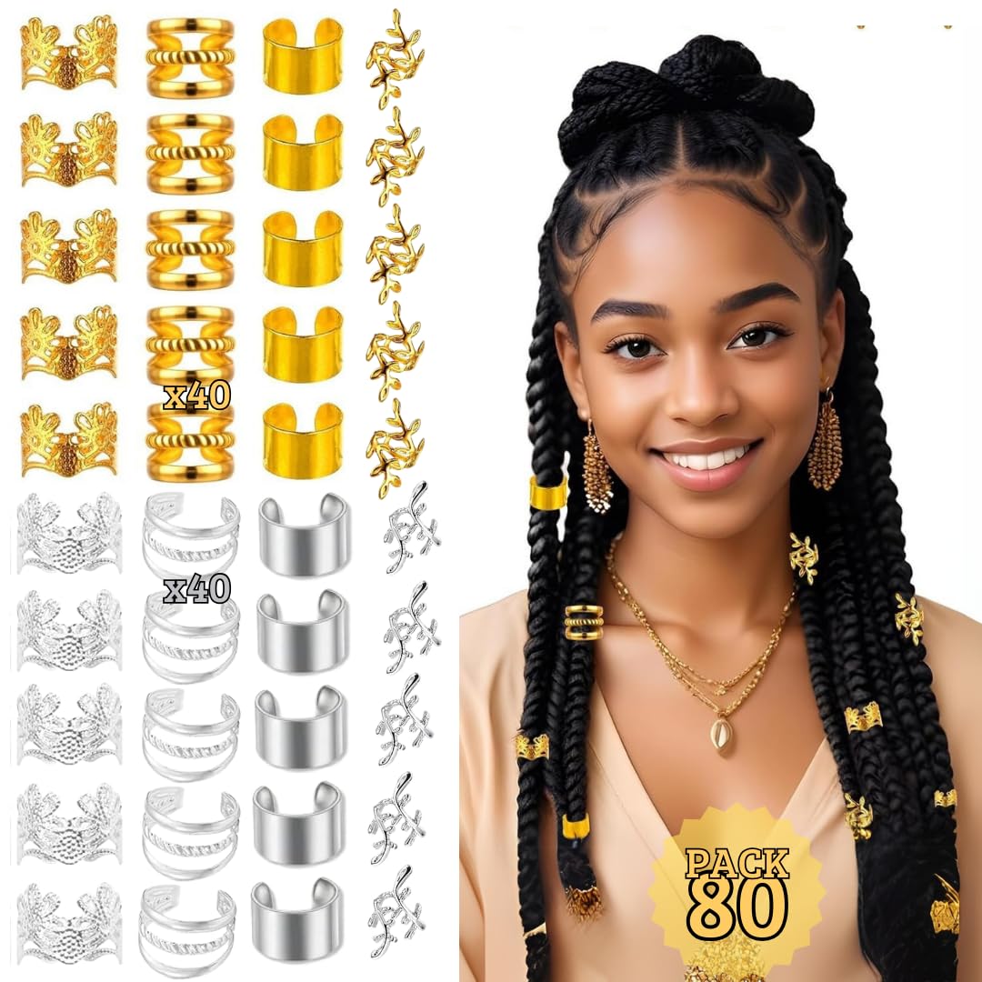 Pack of 80 Hair Accessories, 40 Silver and 40 Gold, Hair Accessories Braided, Dreadlocks, Long Hair and Hairstyles