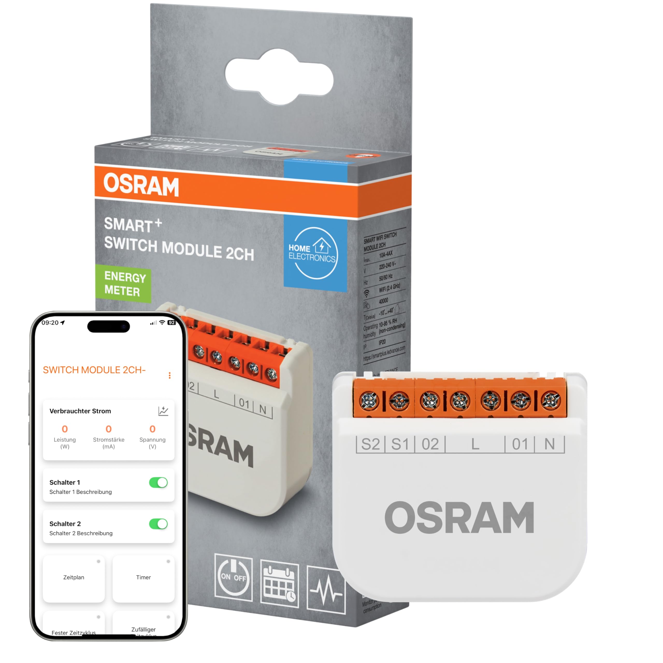 OSRAM SMART+ WiFi Schaltmodul 2 Kanal, 10A Schaltleistung, Energiezähler, Smart Home, Alexa kompatibel, Weiß