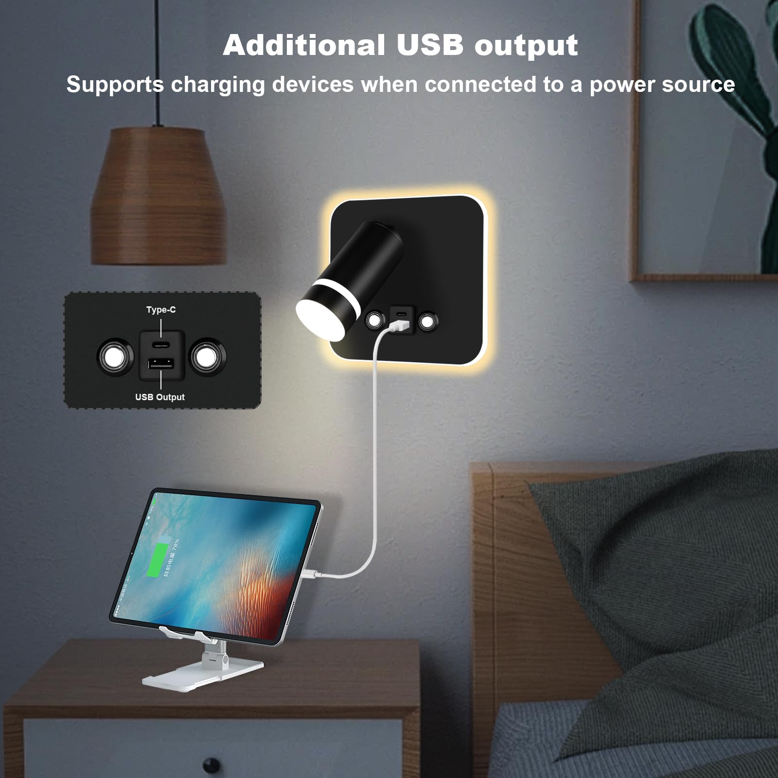 HUIZHOU Lámpara de lectura de LED montada en la pared toque 3 temperatura de color 12w puerto de carga USB 350 ° cama giratoria lámpara de lectura dormitorio de la (Negro cuadrado)