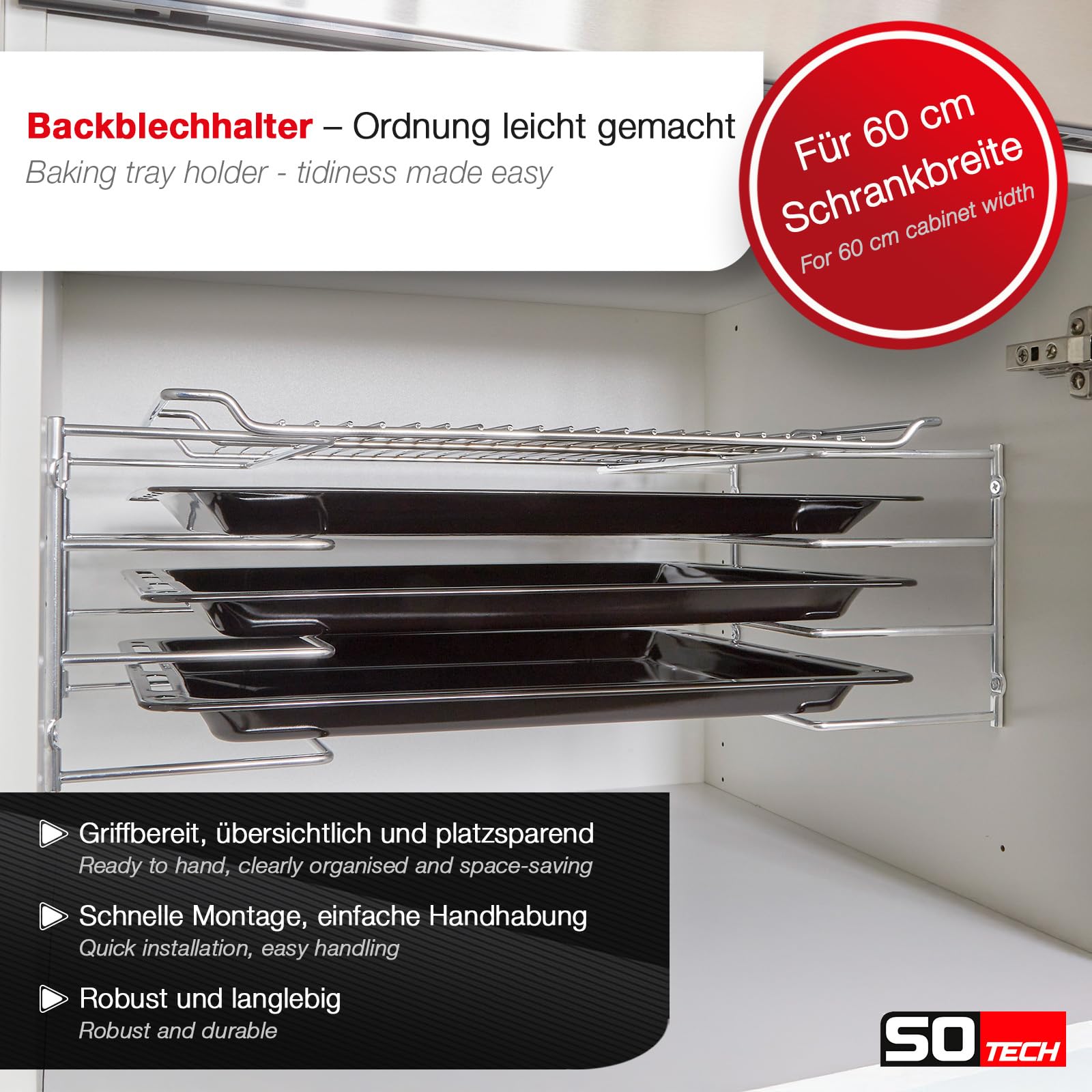 SOTECH Supporto per teglie per 4 teglie (364 x 140 x 182 mm, cromato lucido, per mobili da 600 mm di larghezza) Supporto per teglie - Organizzazione semplificata