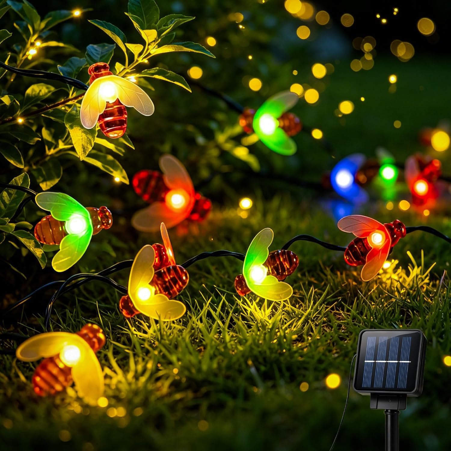 Solar String Lights Garden, 7M 8 Modes 50 LED Honey Bee Fairy Lights Solar Powered Waterproof Outdoor Fairy Lights Solar Garden Lights for Fence, Lawn, Patio, Festoon, Christmas, Holiday - Multicolor