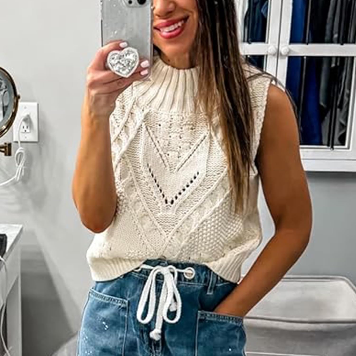 Hixiaohe Turtleneck Crochet Sweater Vest Fall Fashion Knit Sleeveless Tank Tops for Women Lightweight Casual Pullover Clothes - Image 5