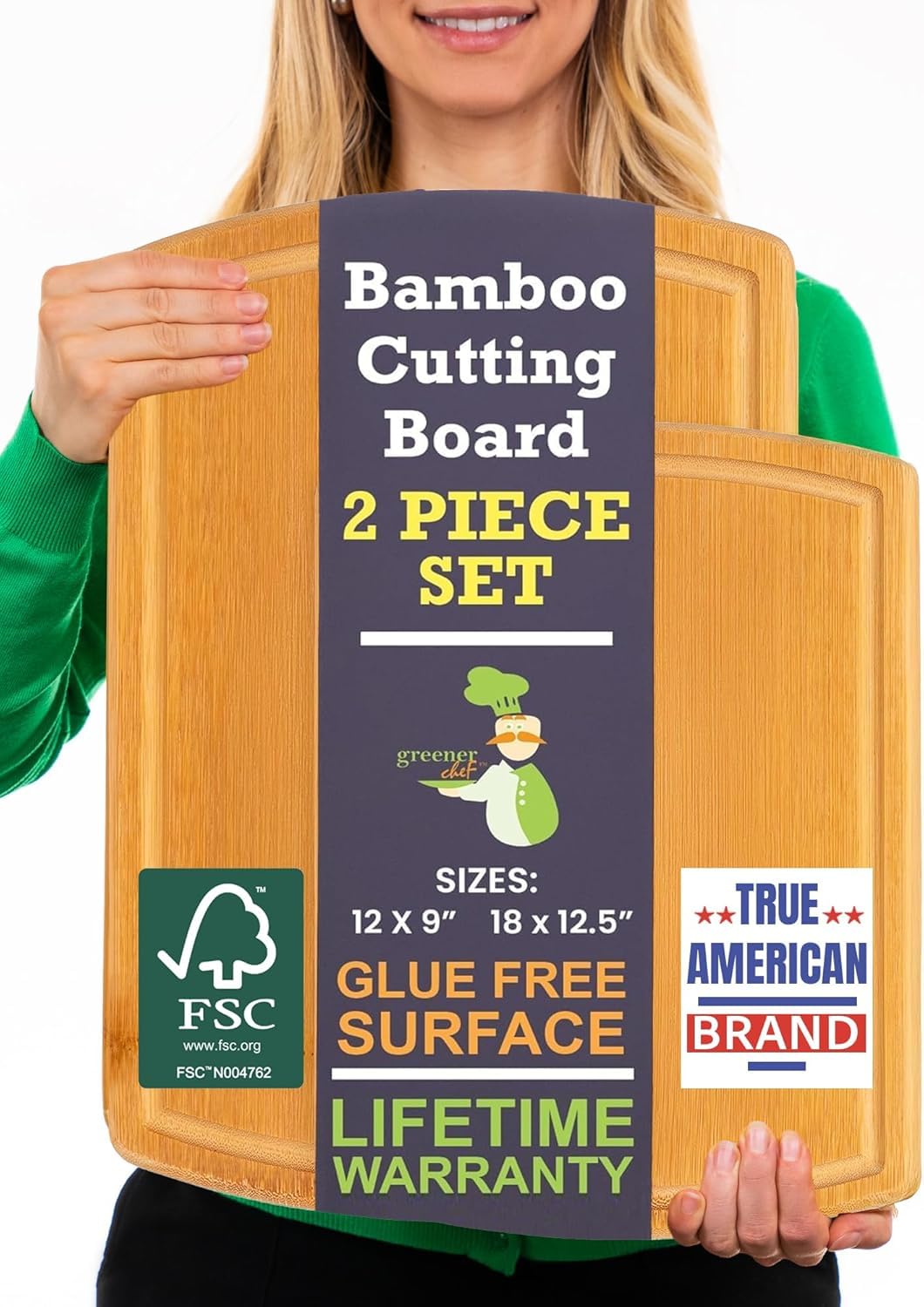 Extra Large Bamboo Cutting Board Set of 2 – Wood Cutting Boards for Kitchen with Glue-Free Surface™ & Juice Groove – Non-Toxic Wooden Chopping Boards, FSC-Certified, Durable Carving Boards