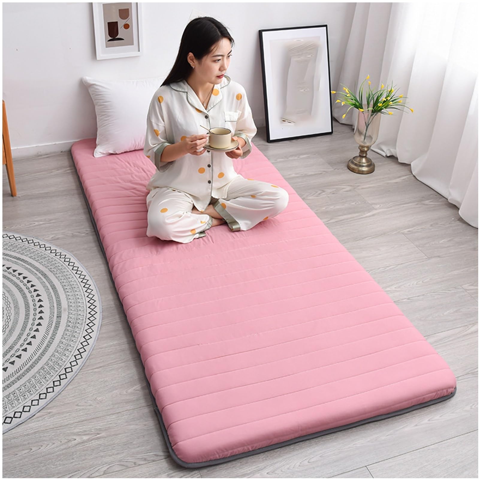 Meiiron Japanese Futon Mattress, Portable Twin Size Tatami Floor Mat, Foldable Camping Mattress, Floor Sleeping Pad for Home Camping Couch Dormitory Mattress Pad(Pink,90x200cm)