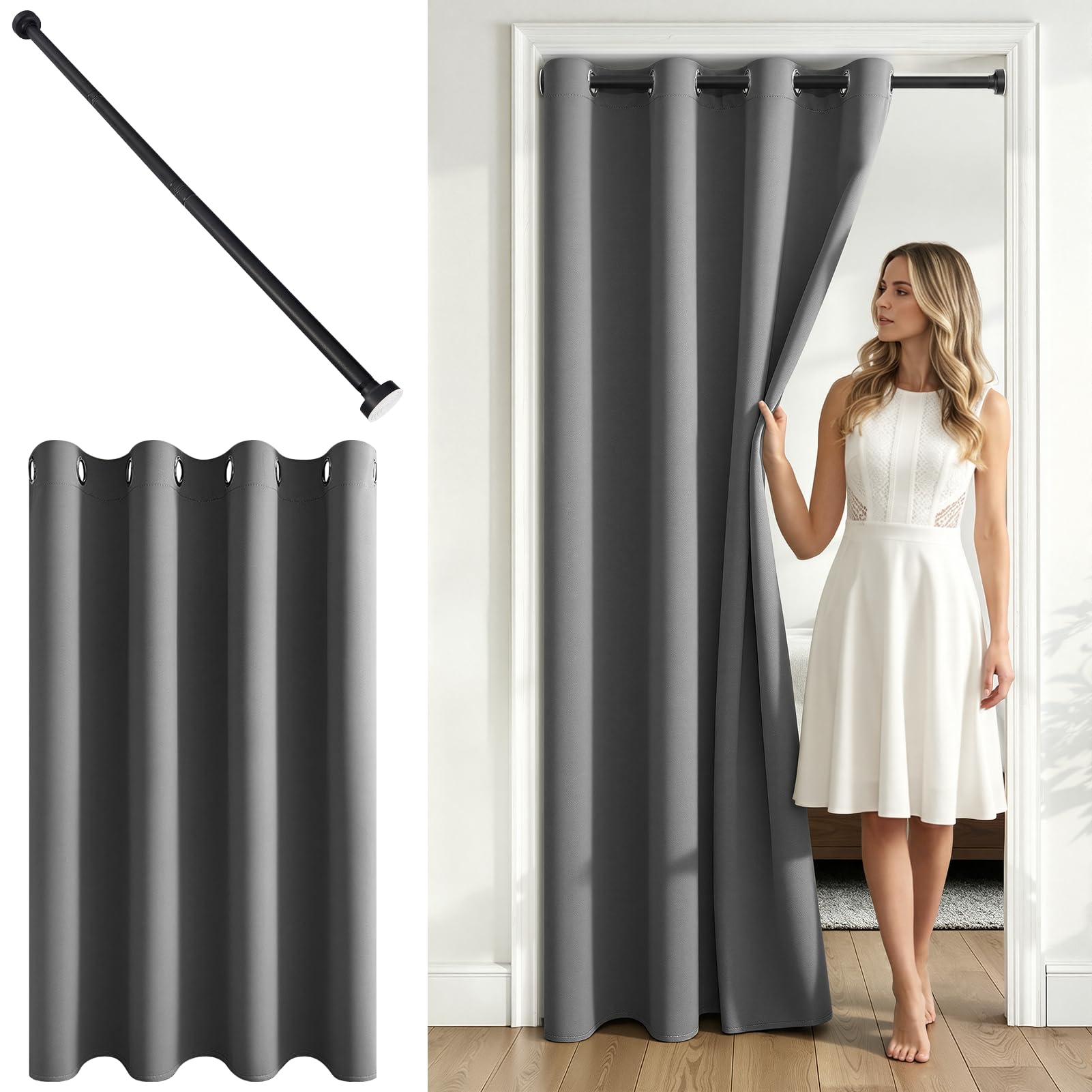 MRTREES 1 Pezzi Tenda Porta Grigio Scuro 200x240 CM, con Bastone 75-125cm | Bastone Nero Estensibile,Senza Forare,Tende Oscuranti per Finestre,per Separa Ambienti,Camera da Letto,Cabina Armadio
