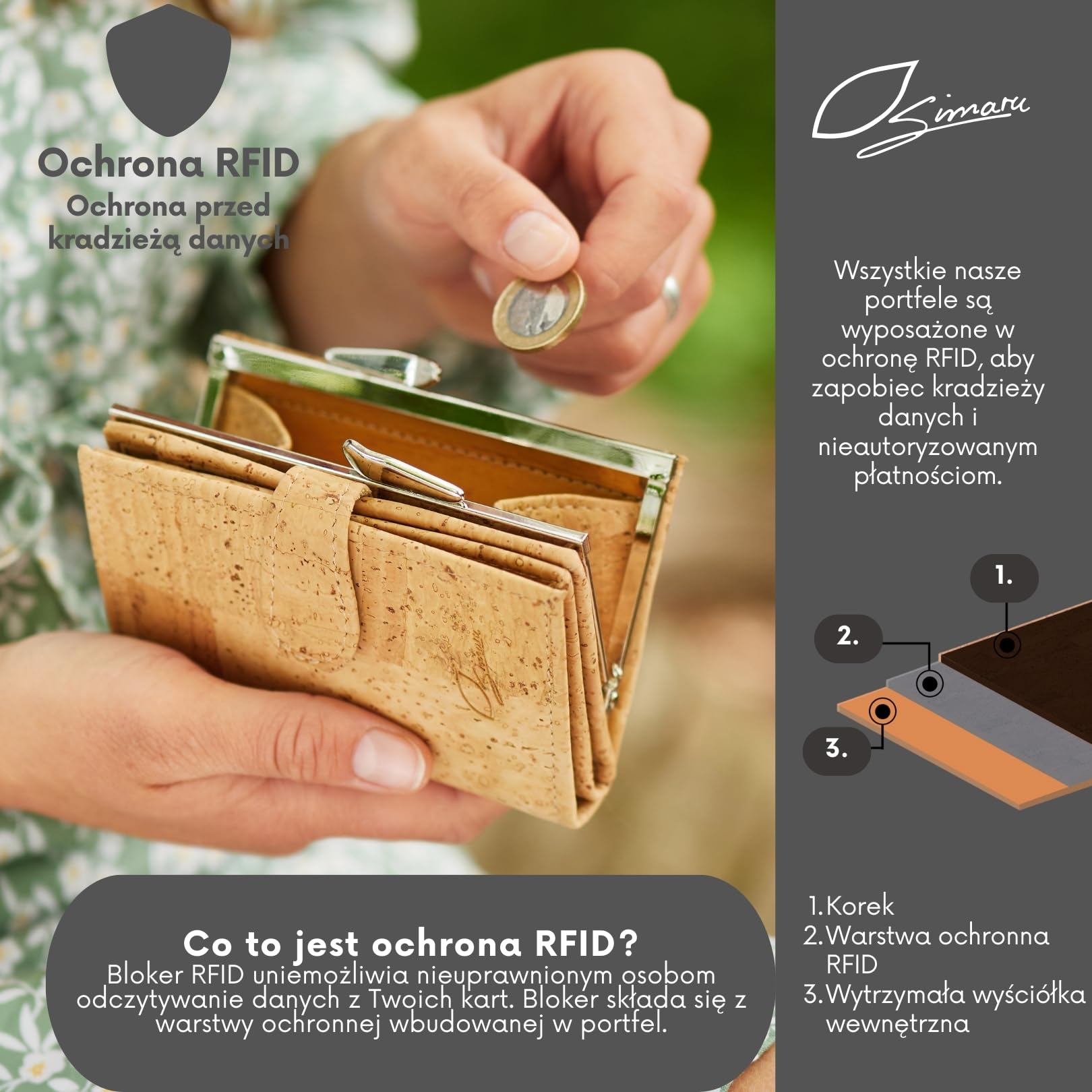 Simaru Wegański portfel damski z korka z metalowym zatrzaskiem i ochroną RFID | Okienko na dowód, przegródki na karty i kieszeń na bilon | Naturalny korek 9x12 cm | Wysoka jakość i dbałość o (Beżowy)