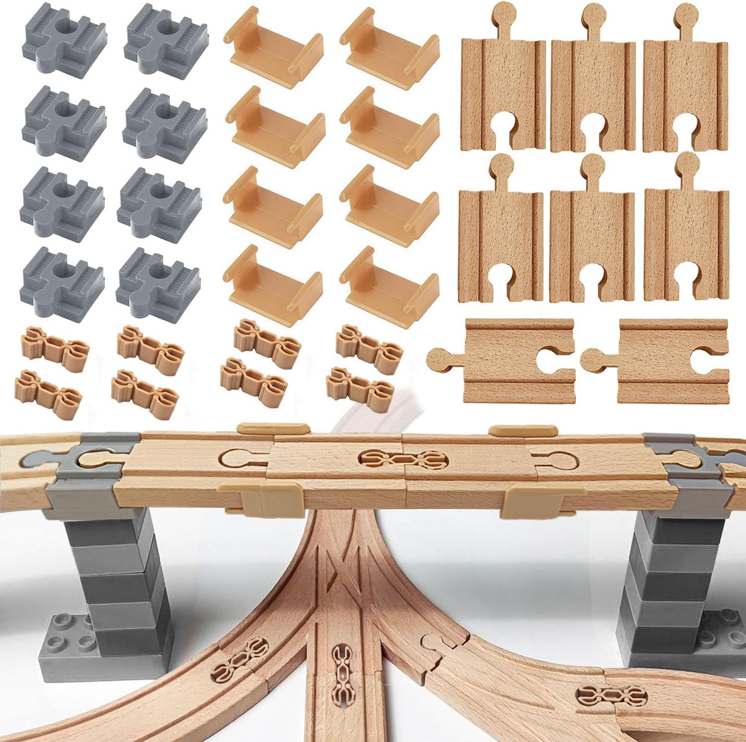 Wooden Train Track Accessories, 32Pcs, Wooden Track Connector, Train Toys Expansion Pack for Major Brands, Wood Train Track, Christmas Birthday Gift for Girls & Boys