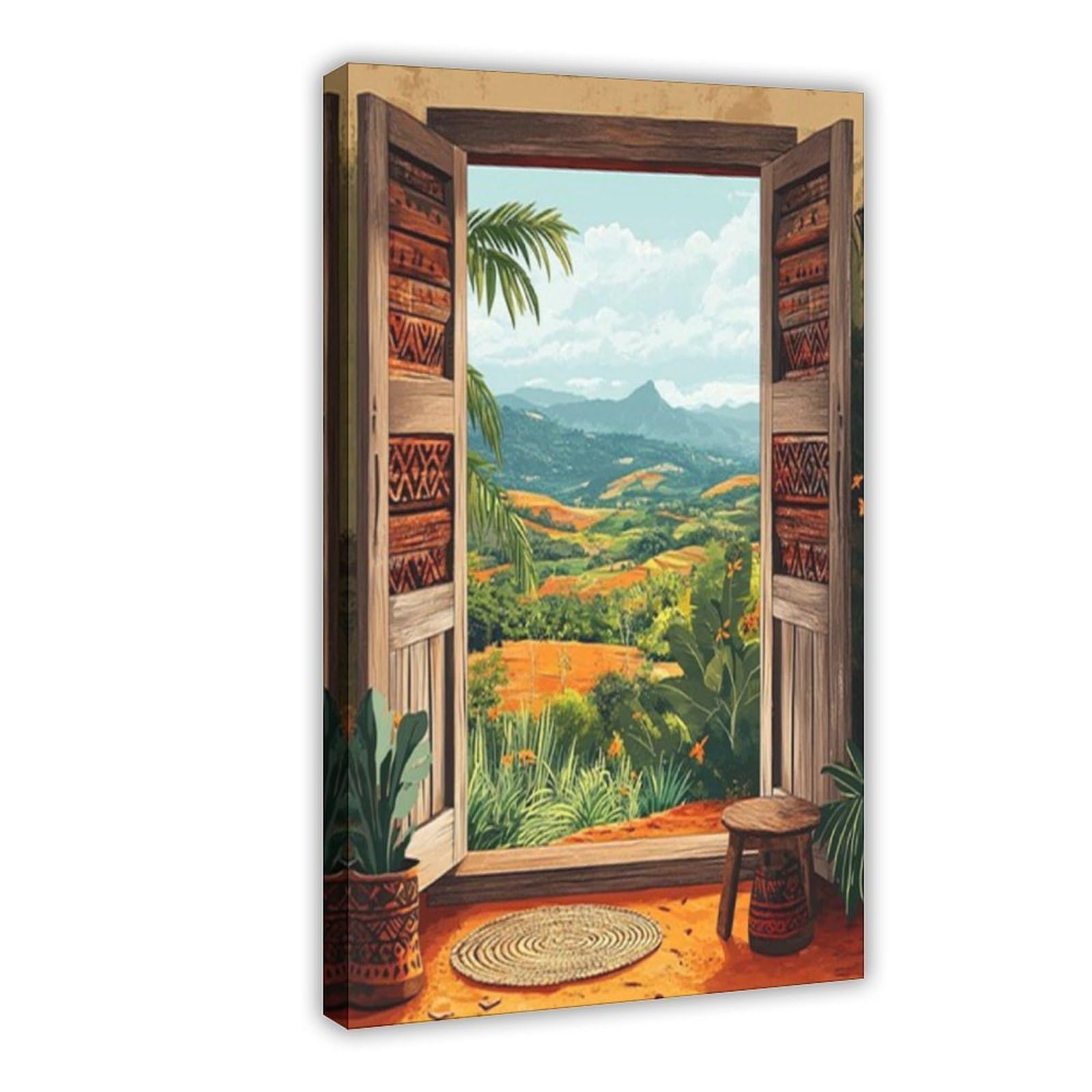 TASJFZS Enugu Wooden Window, Nigerian Igbo Folk Carvings Canvas Poster Bedroom Decor Landscape Office Room Decor Gift 20" L X 30" W