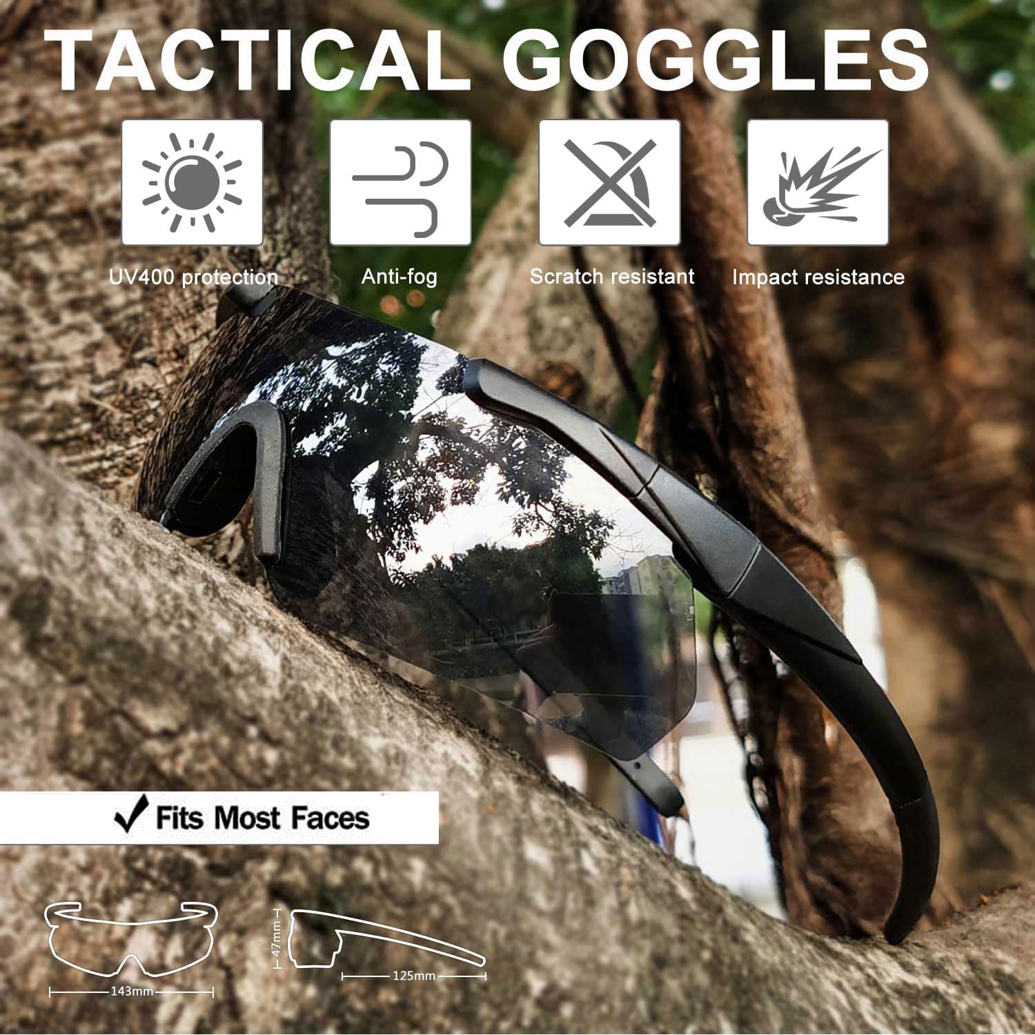 Outdoor Tactical Glasses with 3 Interchangeable Lenses, High Impact resistance Shooting Glasses, Unisex Safety Eyewear - Anti fog UV400 Eye Protection Sunglasses for Hunting Cycling Driving Compact