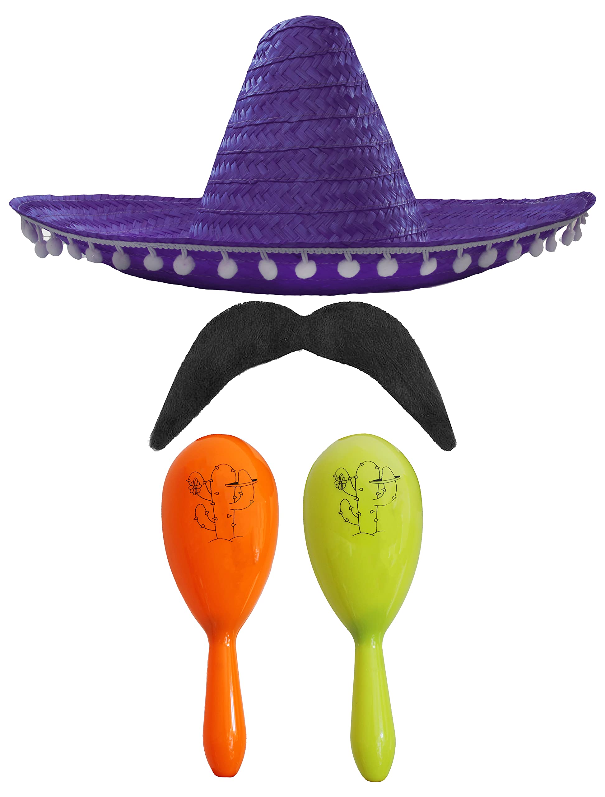 Adults Mexican Accessory Set - Natural Mexican Sombrero, Green & Yellow Maracas, Moustache - Mexican Cinco de Mayo Sensorita Bandit Mariachi Fancy Dress Costume Accessory Set