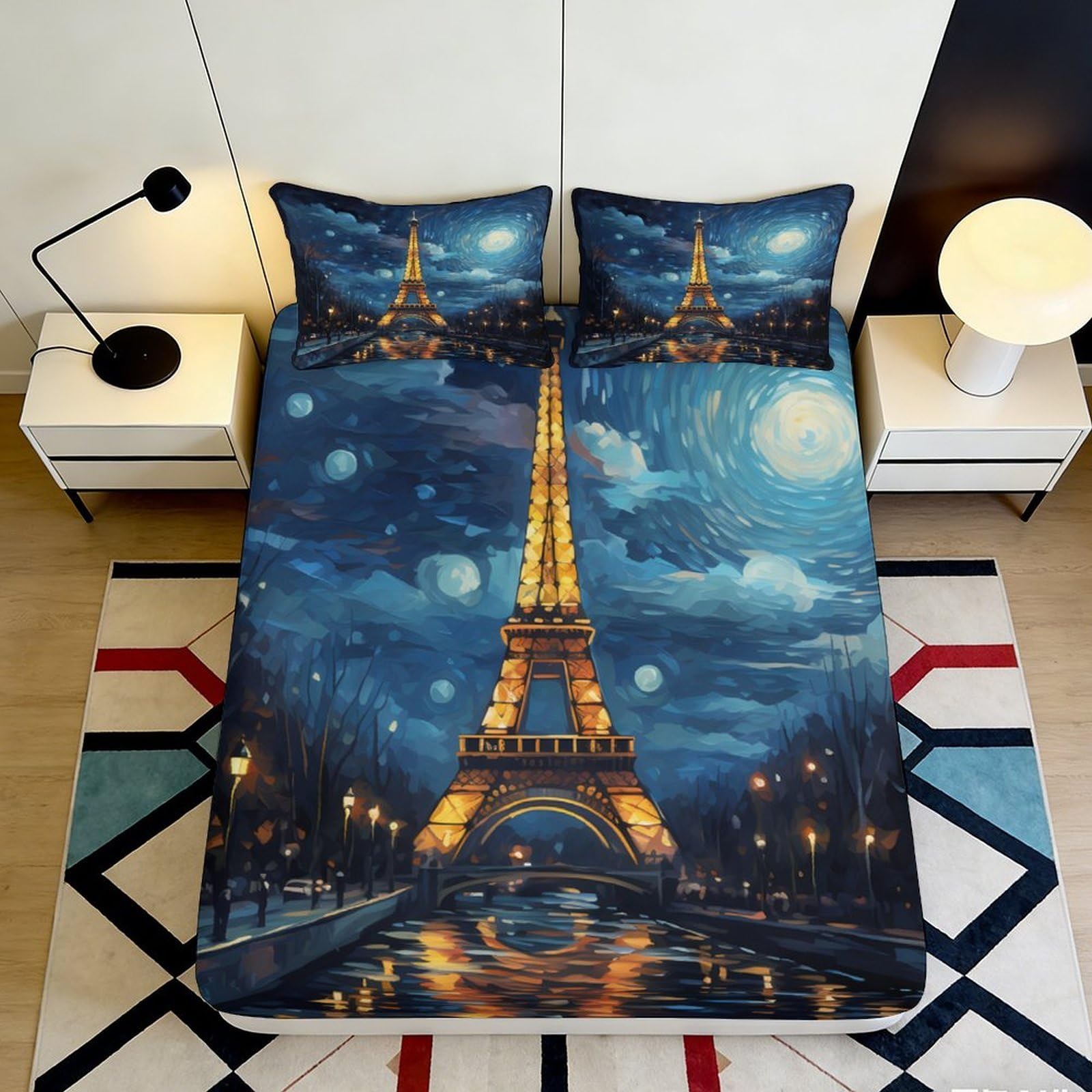 3D Printed Night Eiffel Tower Fitted Sheet Microfiber Soft Artistic Paris View Mattress Cover for Bedroom Dorm Decor 90x200x25cm