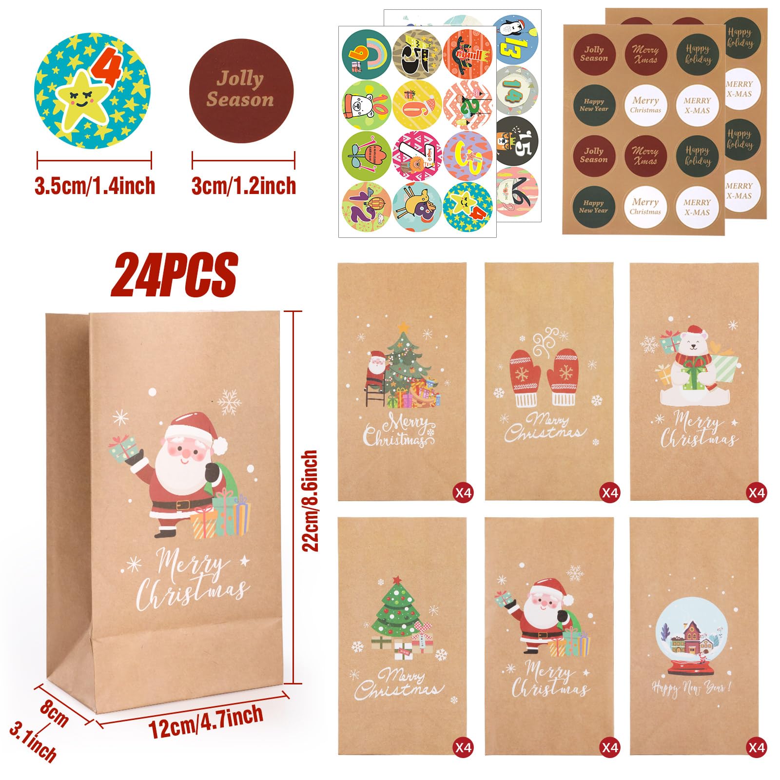 Christmas Paper Bags for Gifts Advent Calendar 24 Pack Kraft Christmas Bags with 24 Stickers - Image 2