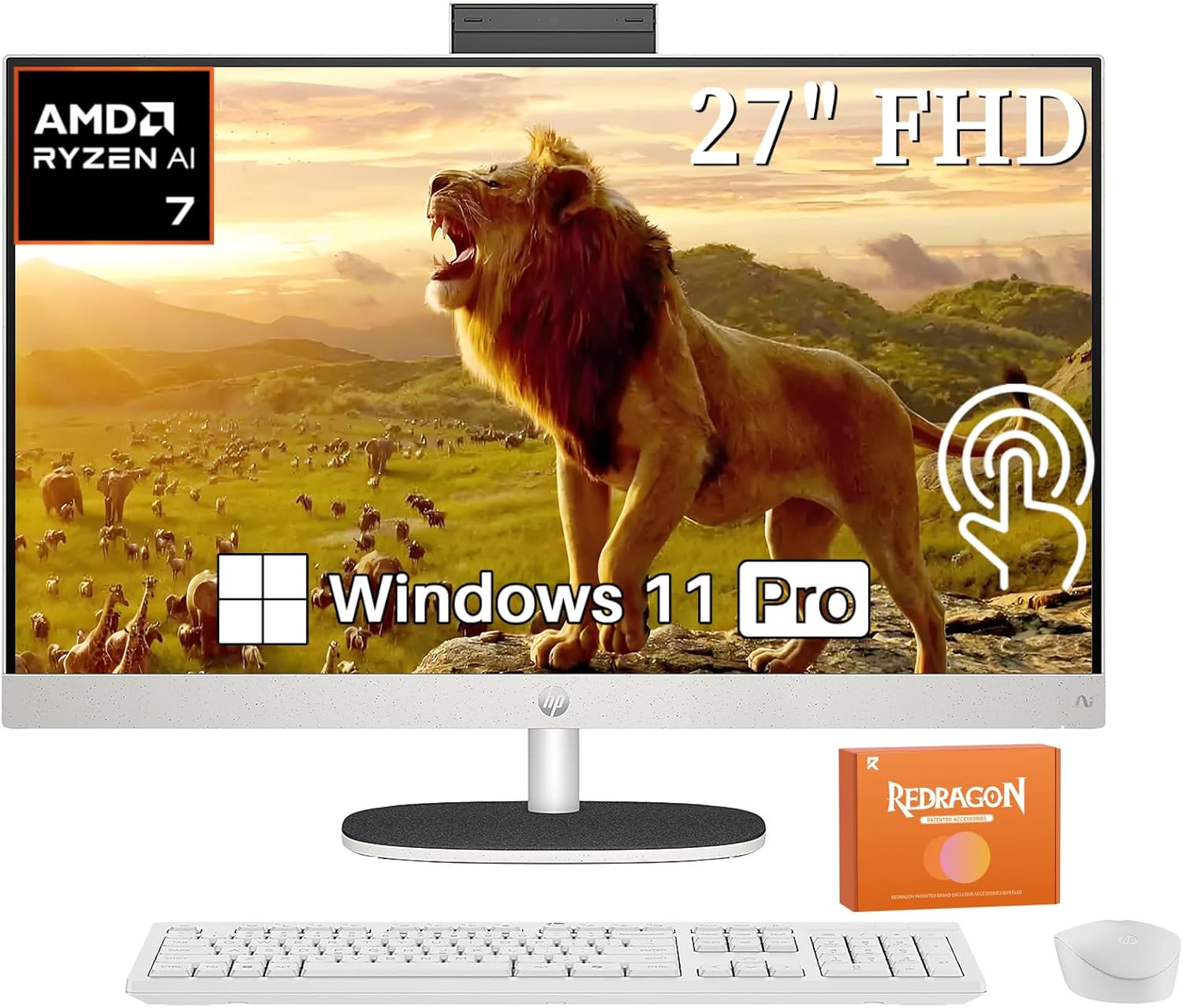 HP 27 inch FHD All in One Touchscreen Desktop Computer, AMD Ryzen AI 7 350 (8-Core), 32GB DDR5, 2TB SSD, Copilot AI, Wi-Fi 6, Bluetooth 5.4, Wireless Keyboard & Mouse, Windows 11 Pro, Accessories