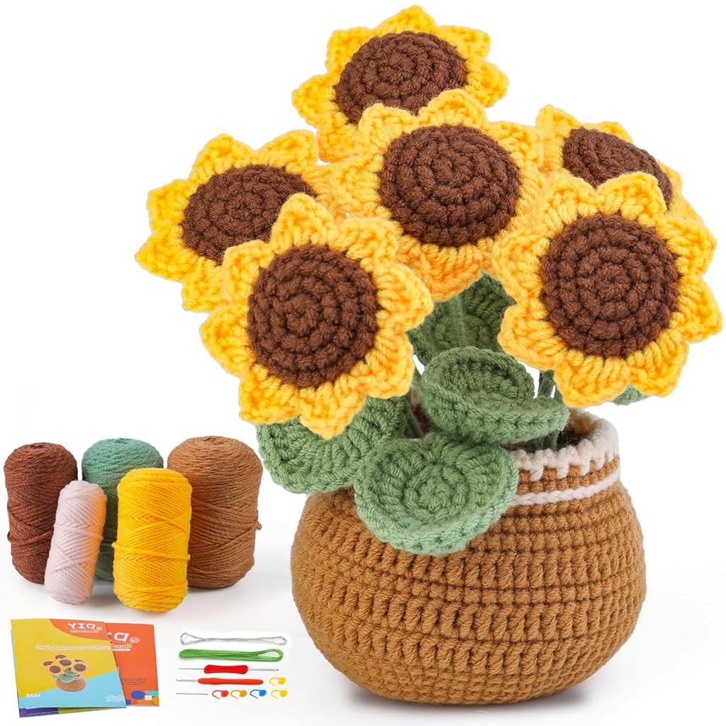 zibuyu® diy mini crochet sunflower planter kit, amigurumi flower pot craft set with yarn, cotton fillings, crochet needles, wires, stitch hooks &accessories, diy desk decor keychain charm gift