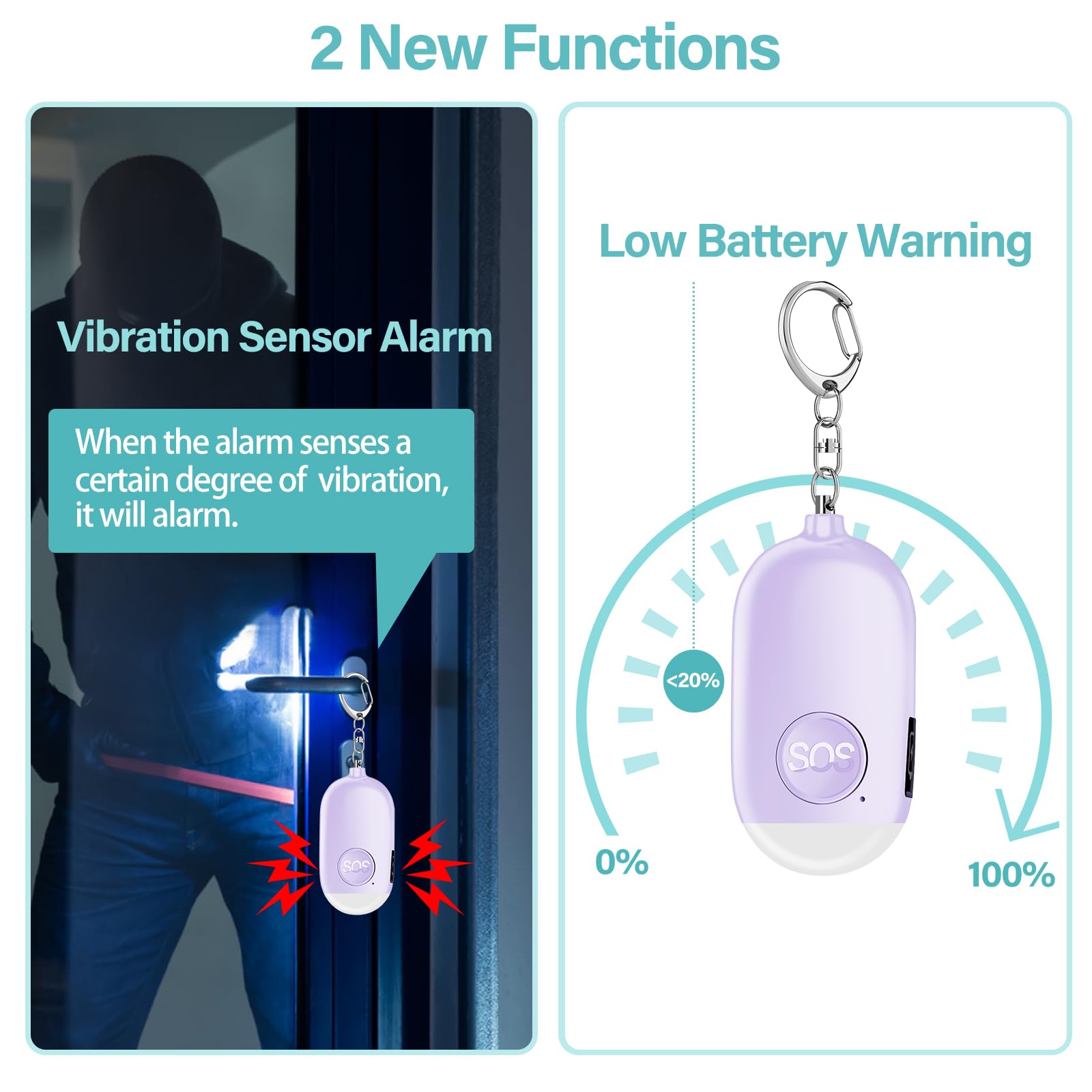 Hion Zakalarm voor vrouwen, 2 stuks, 130 dB, oplaadbaar, persoonlijk zelfverdedigingsalarm met ledverlichting, paniekalarm, handtasalarm, sleutelhanger voor kinderen, ouderen (zwart roze
