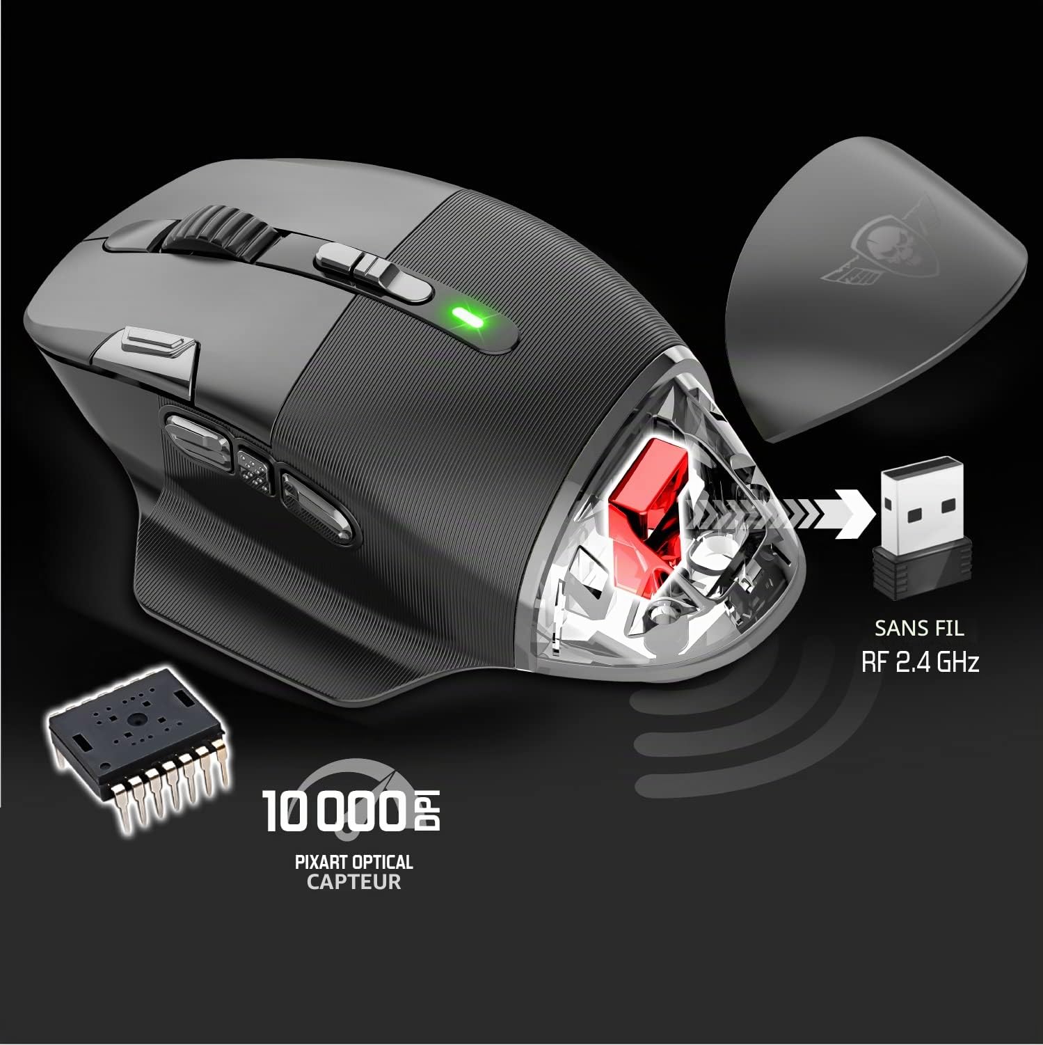 Spirit Of Gamer XPERT M800, Souris Gamer Sans Fil Rechargeable, 9 Boutons Programmables, Capteur Optique 10 000 DPI, 11 effets de Rétroéclairage RGB, Souris Ergonomique avec Repose Pouce Pour PC Gamer