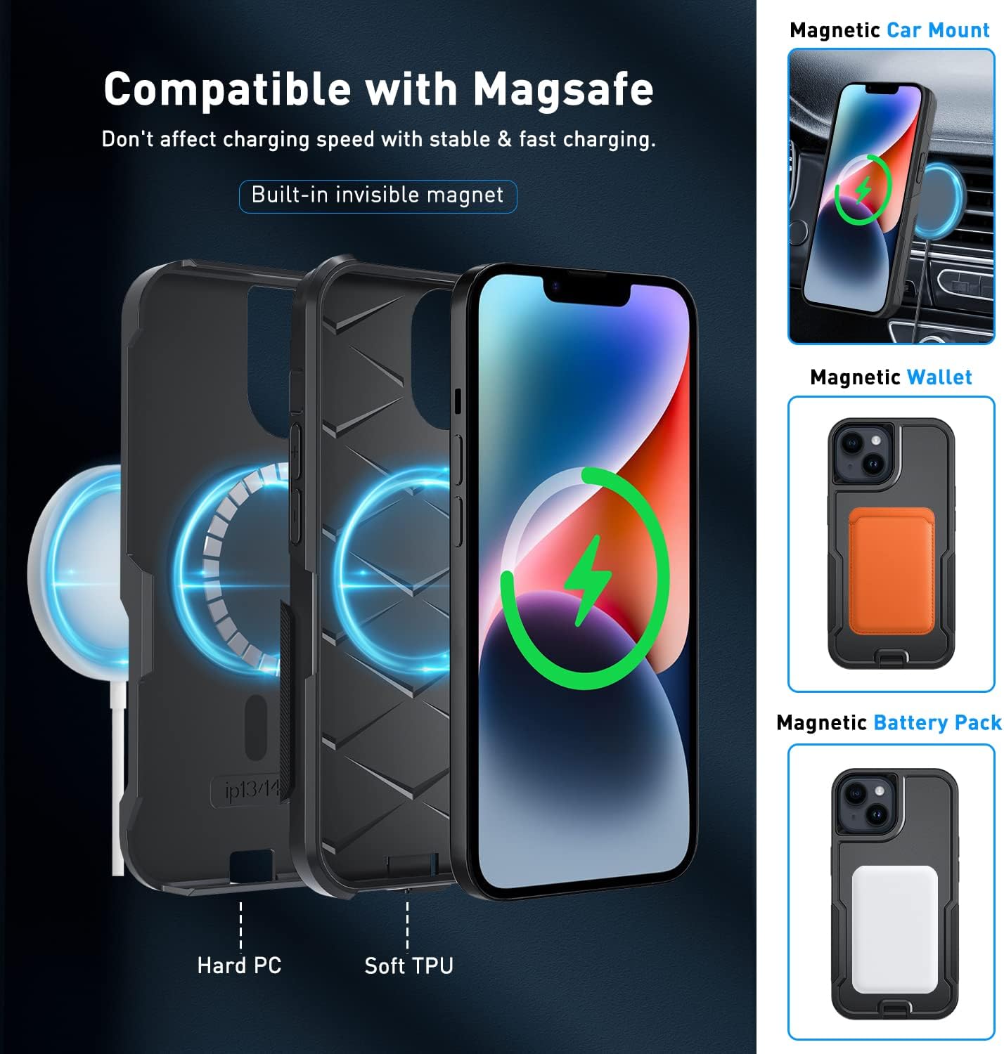 5-in-1 Magnetic Case for iPhone 13/14, Heavy Duty Case with Belt Clip Holster, Tempered Glass Screen Protector (2 Pcs), Black