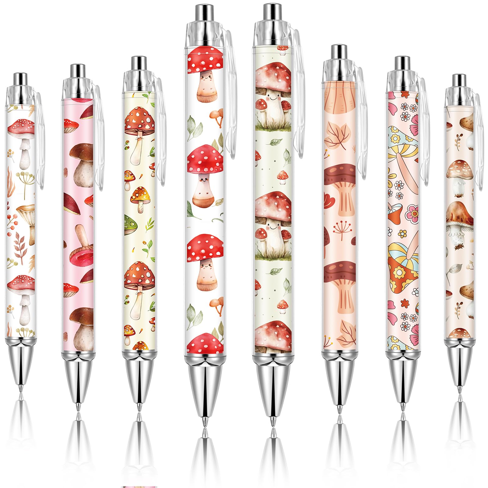 Ireer 8 Pcs Ballpoint Pens for Women 1.00 mm Cute Black Ink Fancy Pens Fine Point Smooth Writing for Students Classroom Office Supplies(Mushroom)