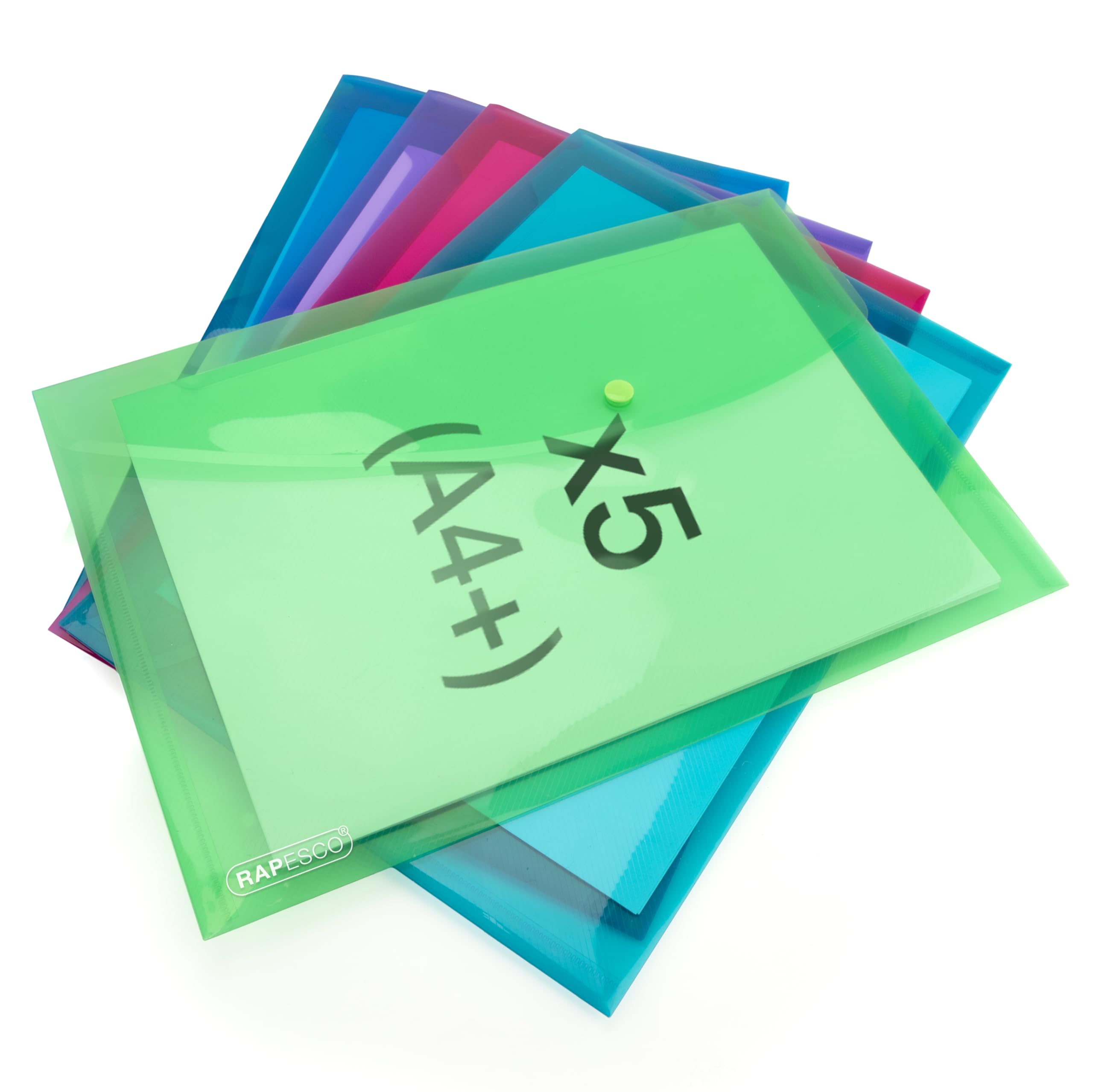 Rapesco 1839 ECO Recycled Popper Wallets, A4+, Assorted Bright Transparent Colours, Pack of 5