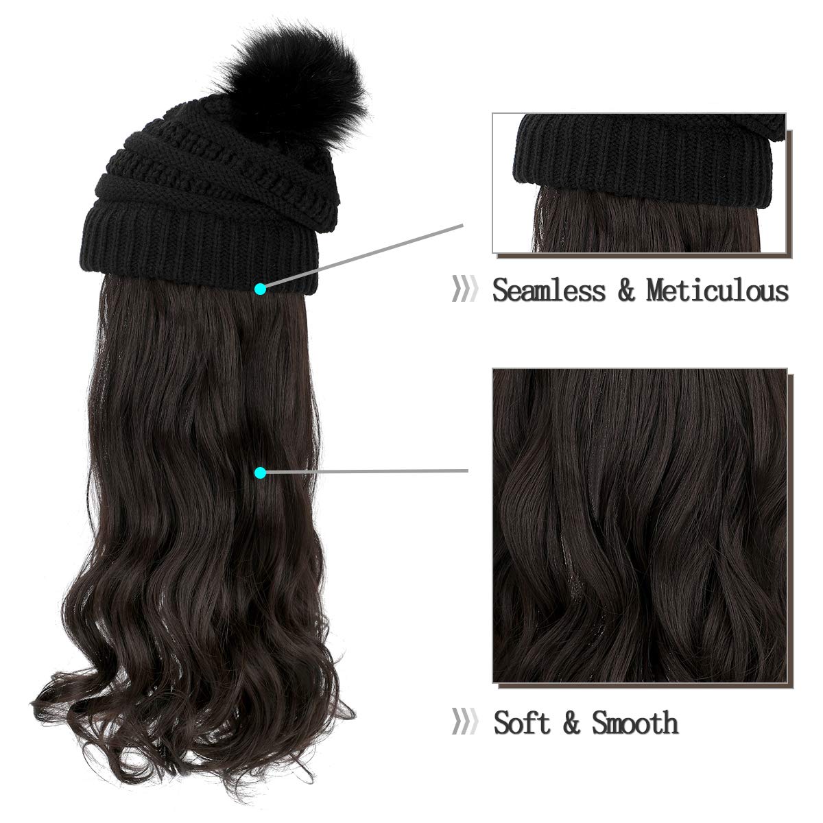 Qlenkay Beanie Hat with Long Wavy Curly Hair Extensions Black Knit Cap Attached 20inch Synthetic Wig Detachable Hairpiece Warm Pom for Women Winter Dark Brown