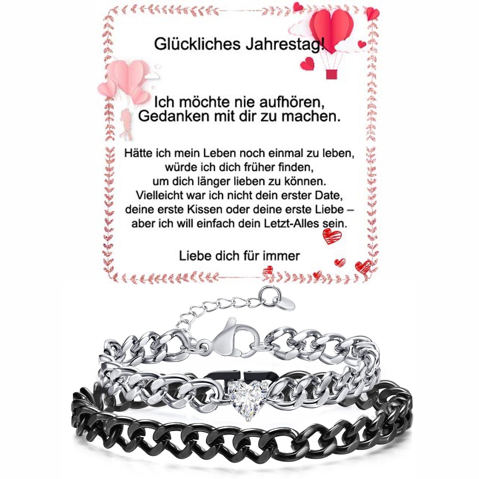 Fehki Edelstahl Paar Armband | Kubanische Kette verstellbar | Romantisches Geschenkset für Paare zum Valentinstag, Jahrestag & Geburtstag