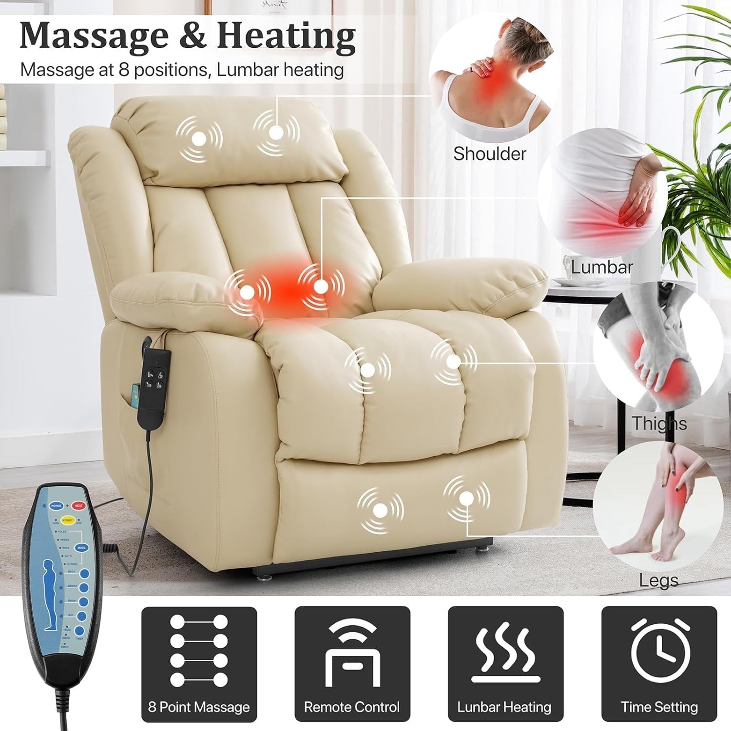 Large Dual Motor Power Lift Recliner Chair Infinite Position Adjustable with Heated Massage Heavy Duty Breathable Leather Reclining Sofa Beige Living Room Furniture