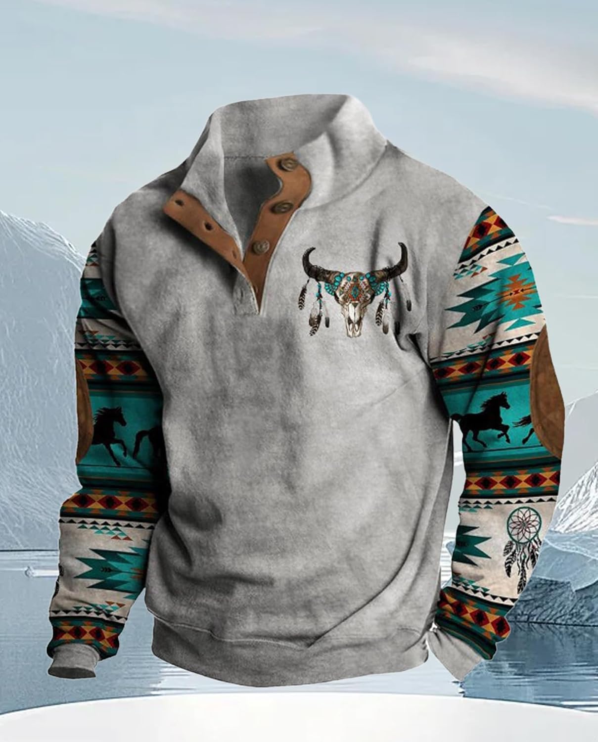 Western Sweatshirts for Men Aztec Ethnic Print Quarter Zip Pullover Fleece Hoodies Casual Stand Collar Sweatshirt - Image 2