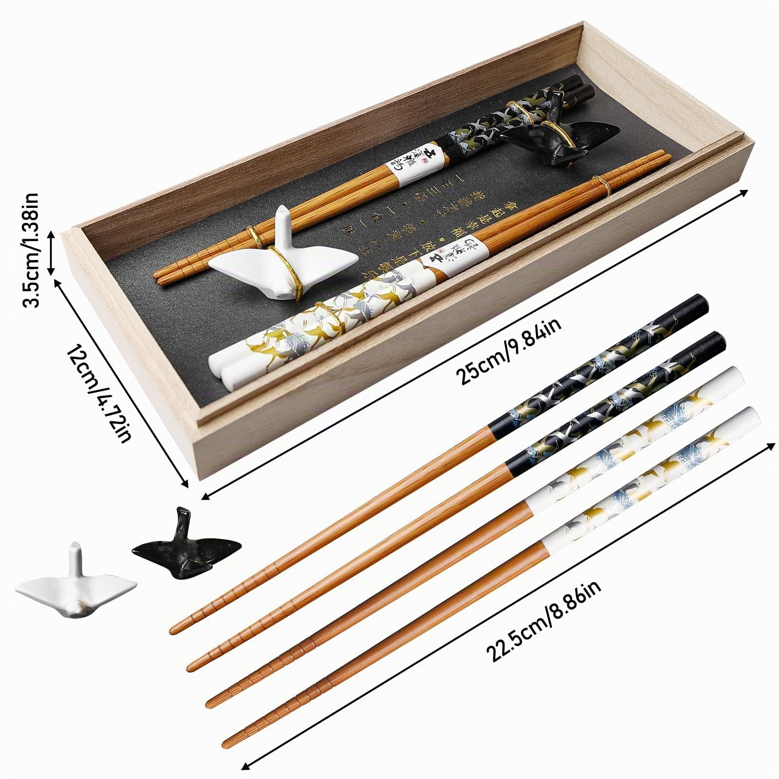 BAIFULAI 2 paia di bacchette per sushi, bastoncini in legno con supporto per gru in ceramica, sostenibili Chopsticks giapponese, cinese, coreano, taiwanese, regalo giapponese
