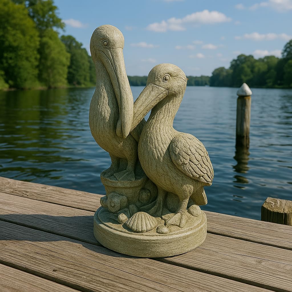 Solid Rock Stoneworks Pecking Pelican Pair Statue – 19" Tall – Concrete Garden Decor with Sea Foam Stain – Coastal Outdoor Yard Ornament